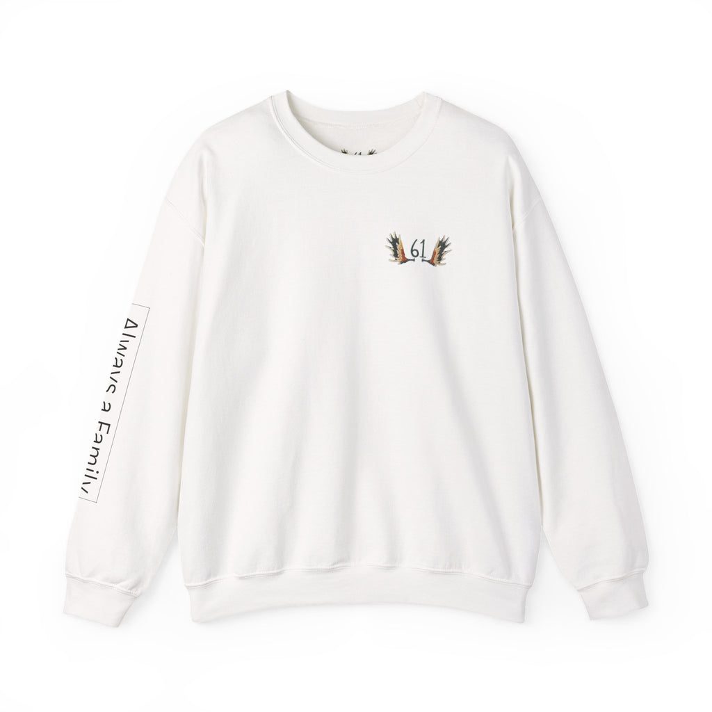 “61” Minimal Crewneck Sweatshirt — Small Chest Emblem with ‘Always a Family’ Sleeve