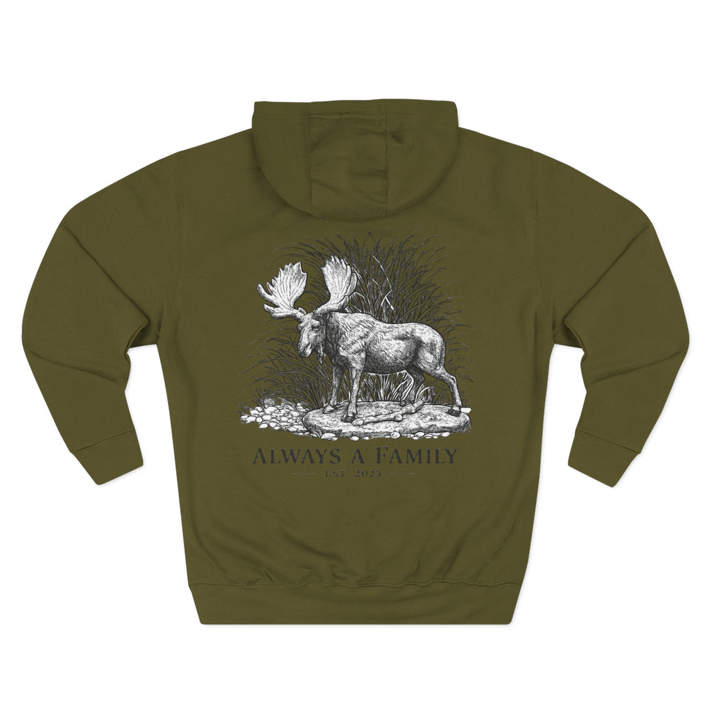 Moose Illustration Hoodie — "Always A Family" Graphic Fleece Hoodie