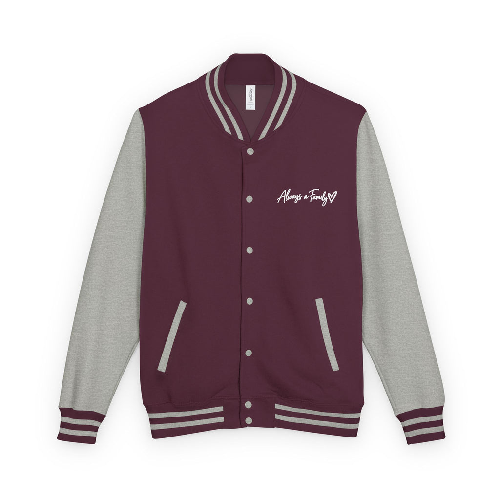 Letterman Jacket —Varsity Jacket with Script Always a Family Chest Logo