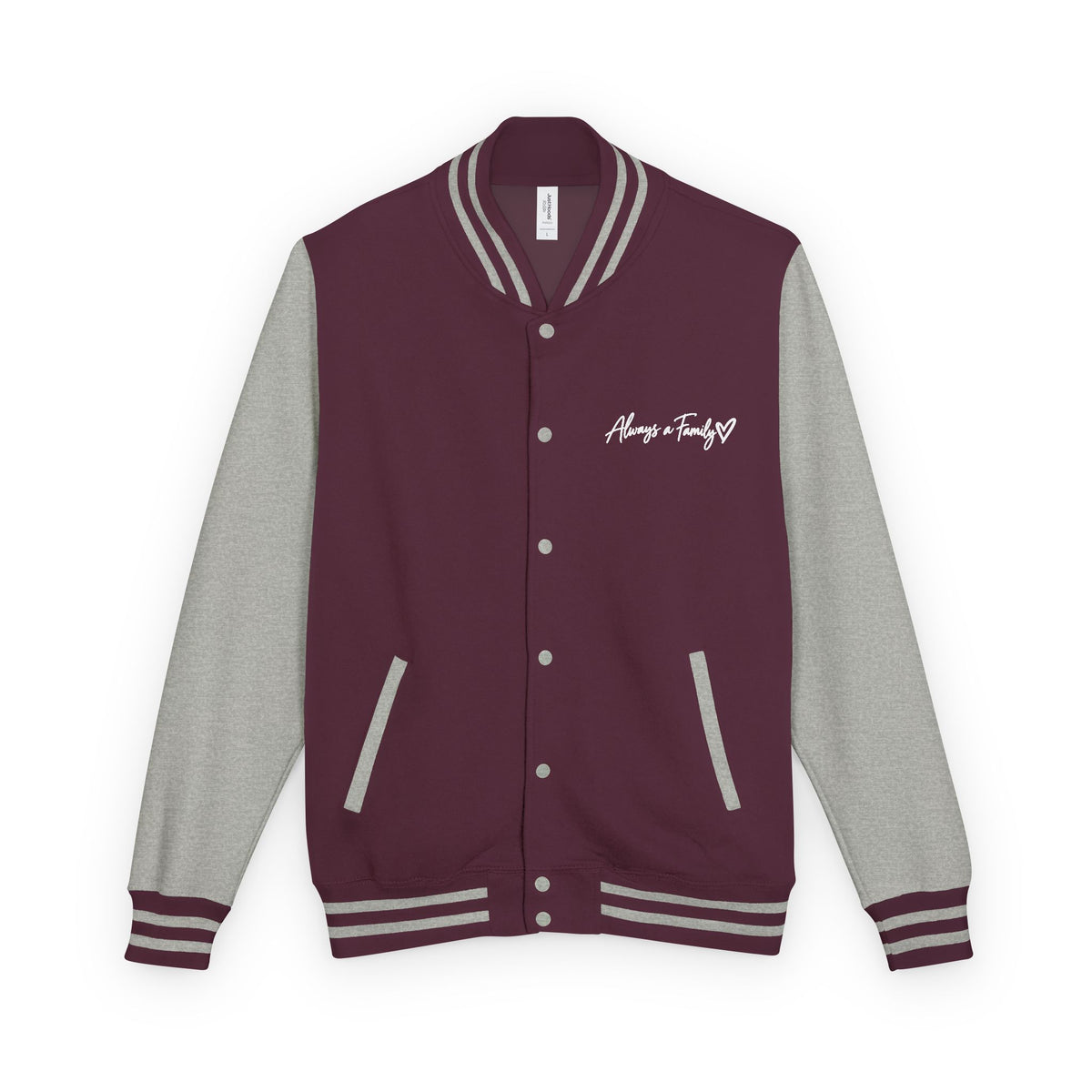 Letterman Jacket —Varsity Jacket with Script Always a Family Chest Logo