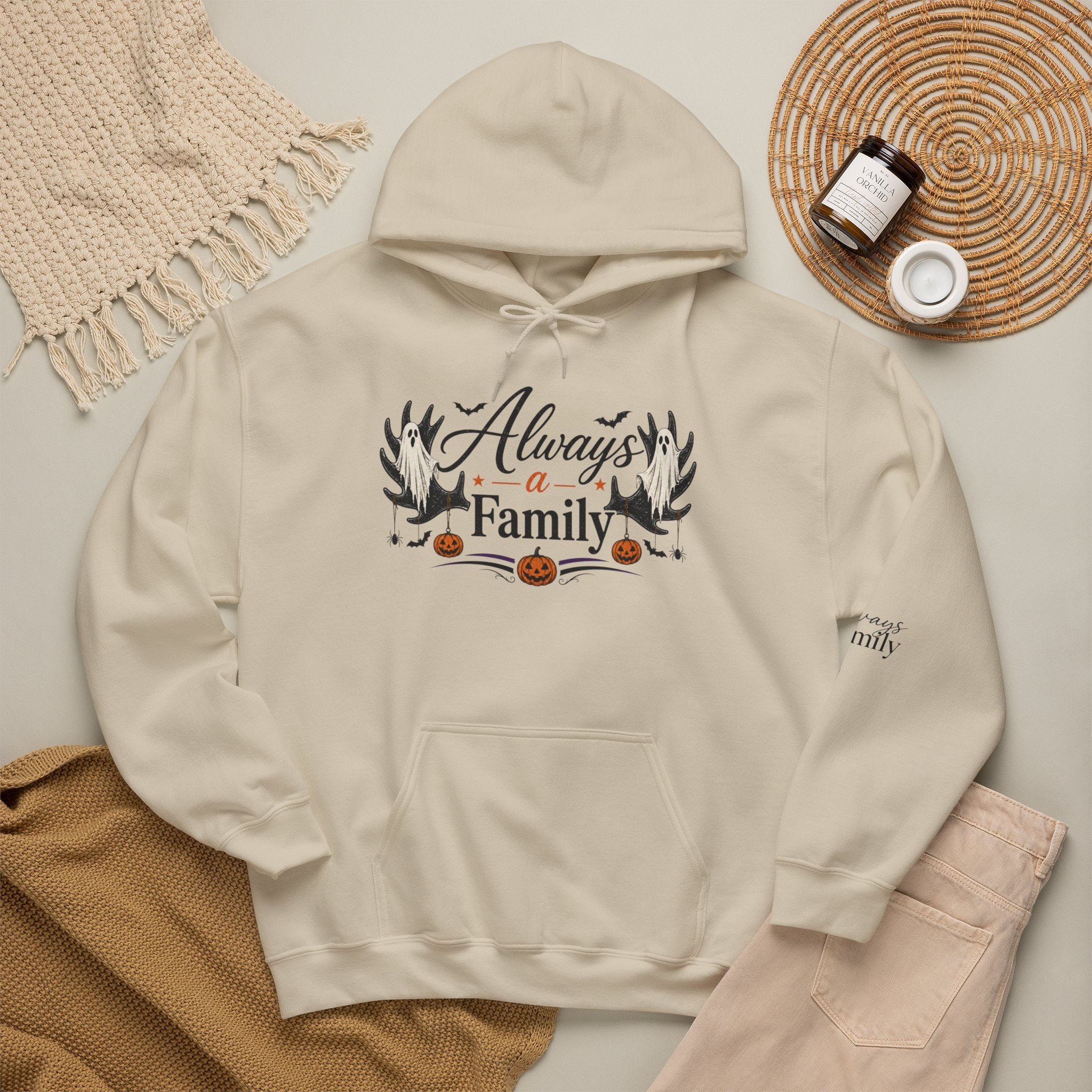 Always a Family Hoodie — Cozy Fall Halloween Antler Graphic Pullover