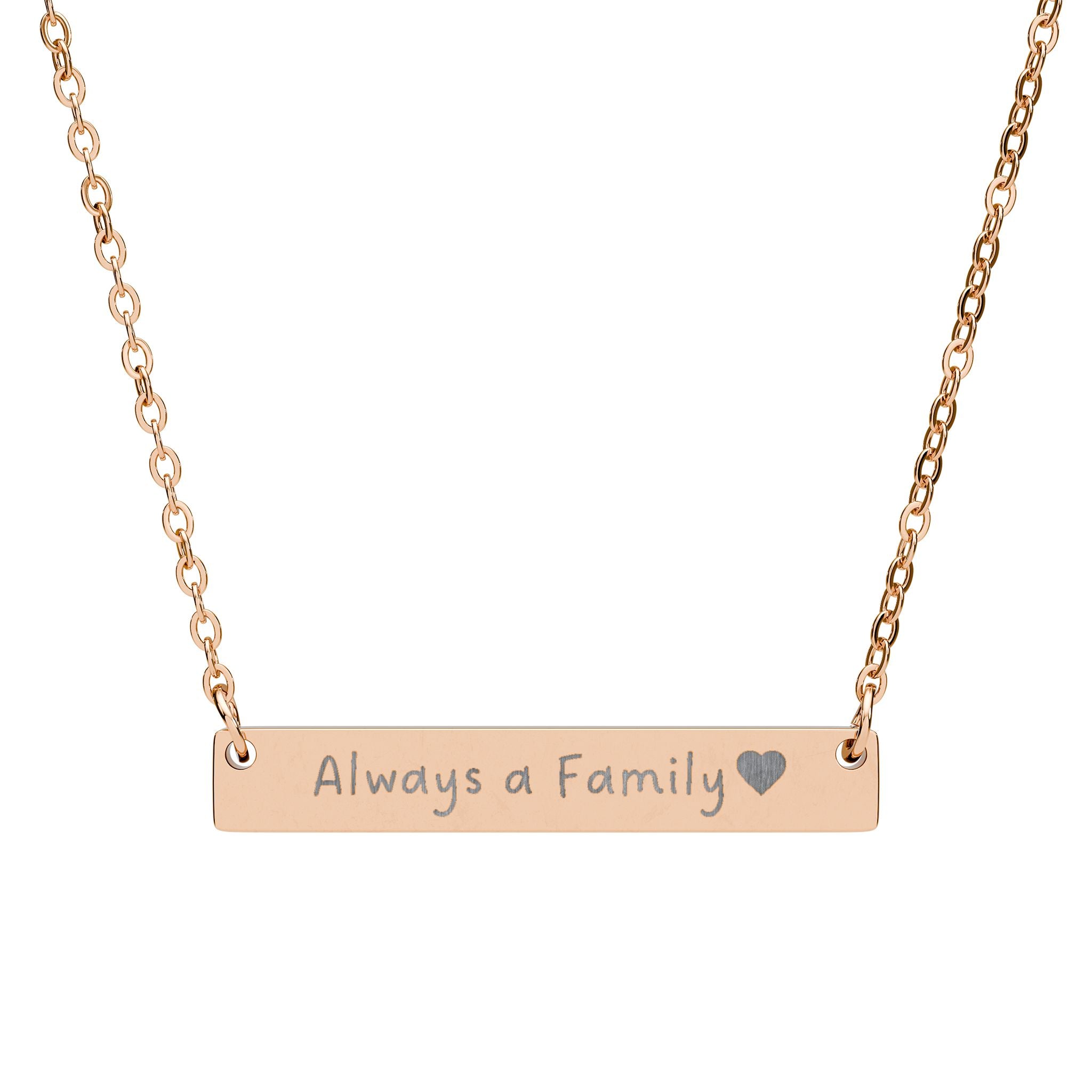 Engravable Horizontal Bar Necklace – Always a Family & Heart Pendant