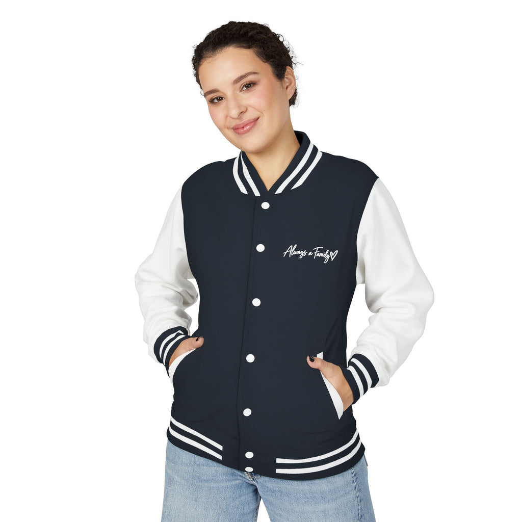 Letterman Jacket —Varsity Jacket with Script Always a Family Chest Logo