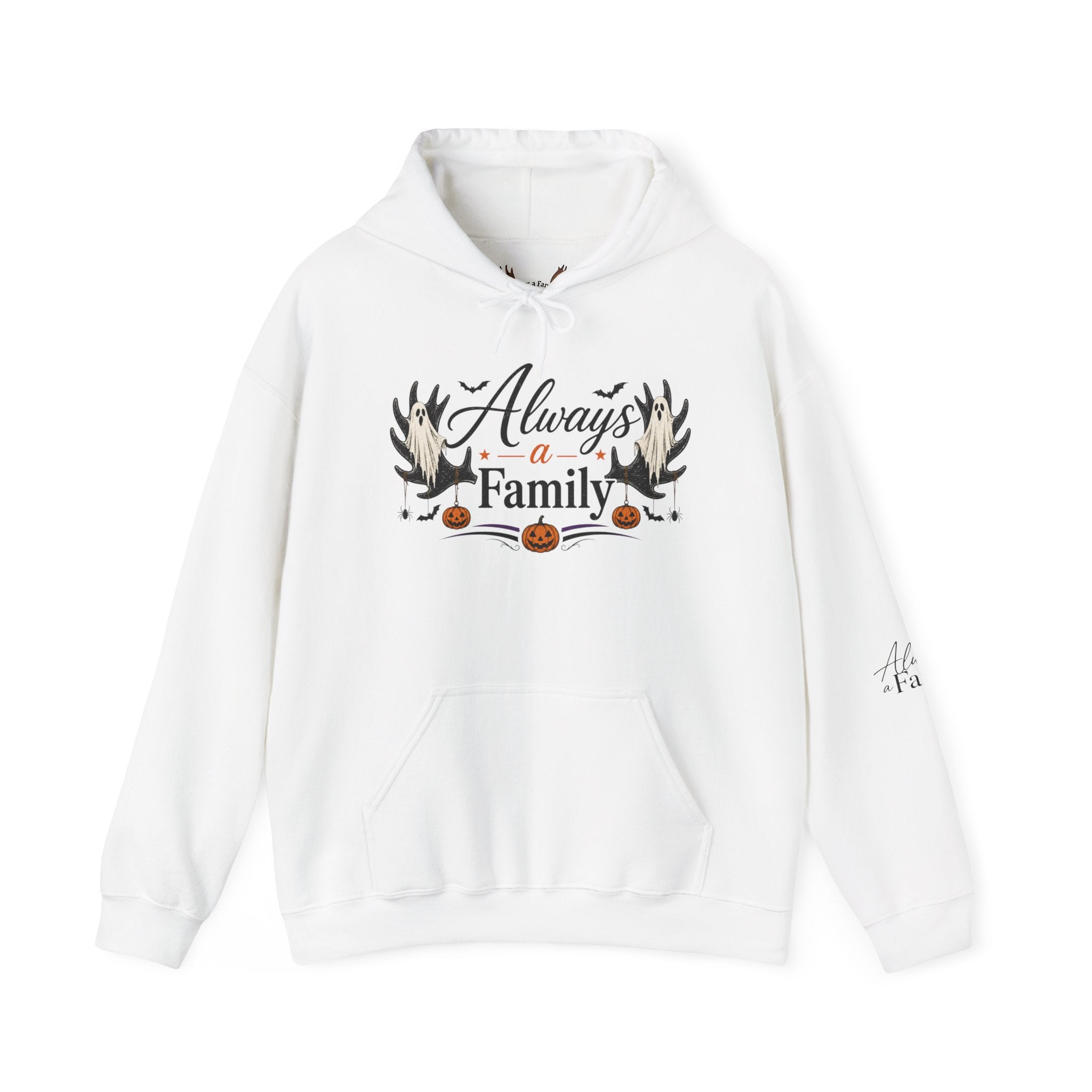 Always a Family Hoodie — Cozy Fall Halloween Antler Graphic Pullover