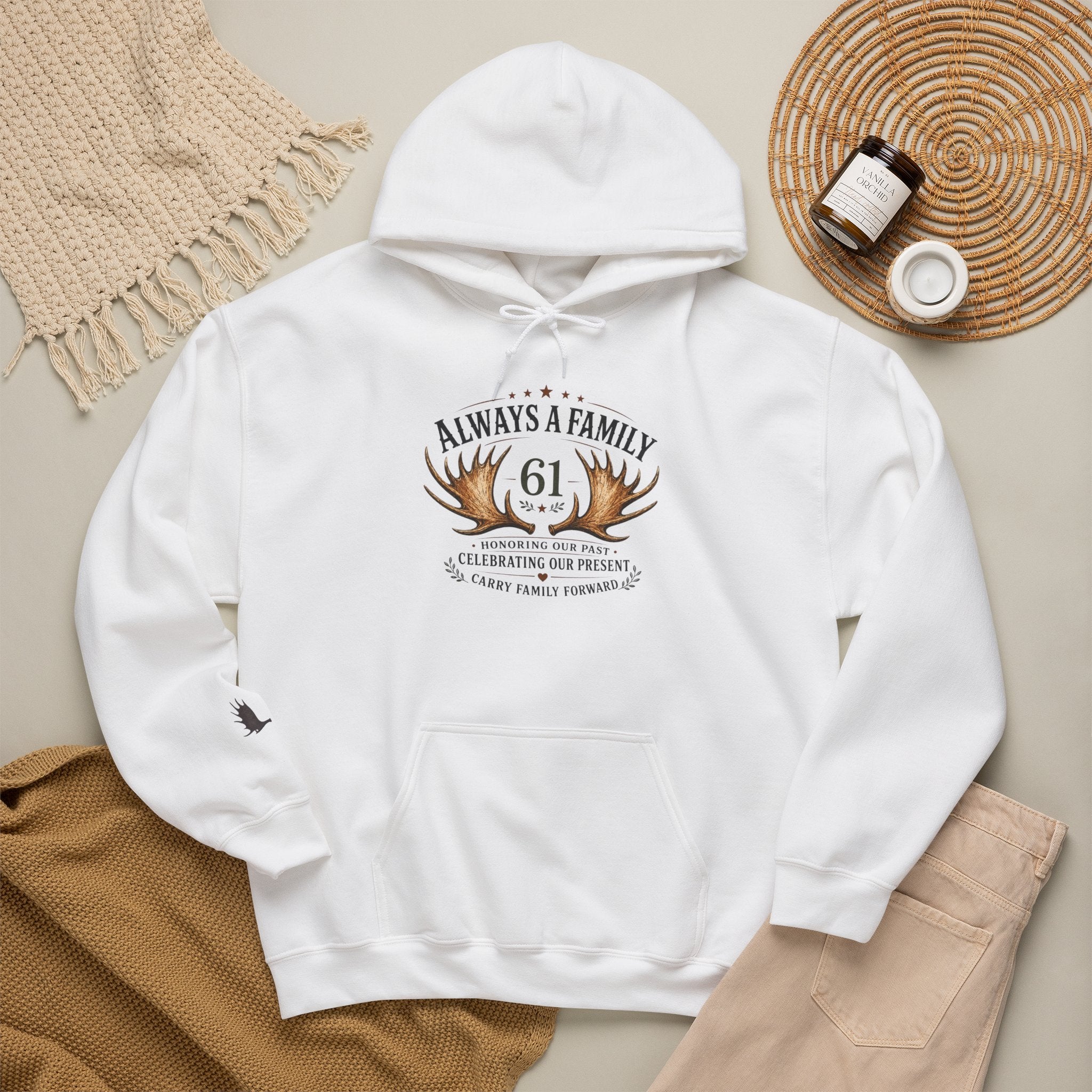 Hoodie — "Always a Family" Heart & Antlers Pullover