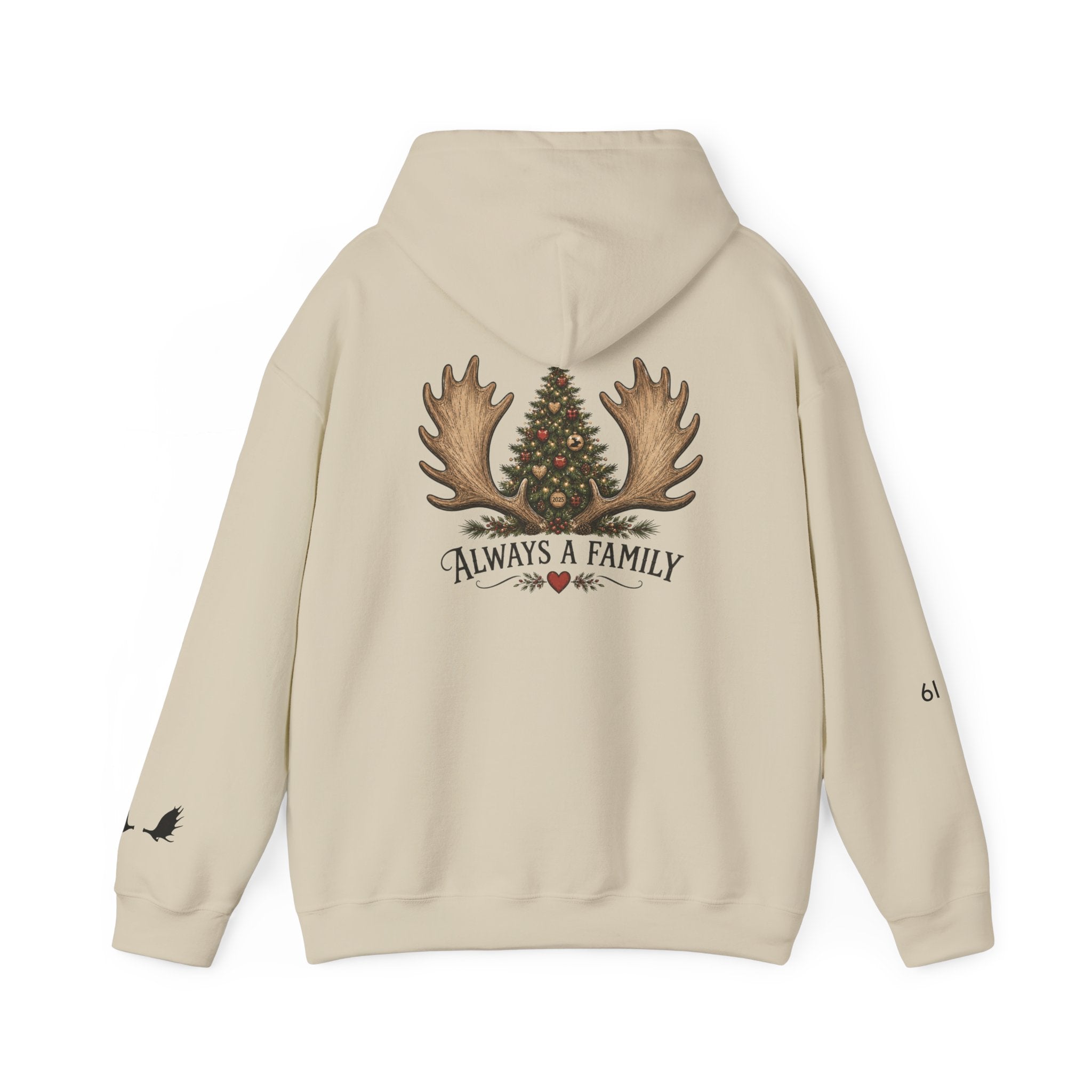 Hoodie — "Always a Family" Christmas Moose Antler Tree Holiday Hoodie