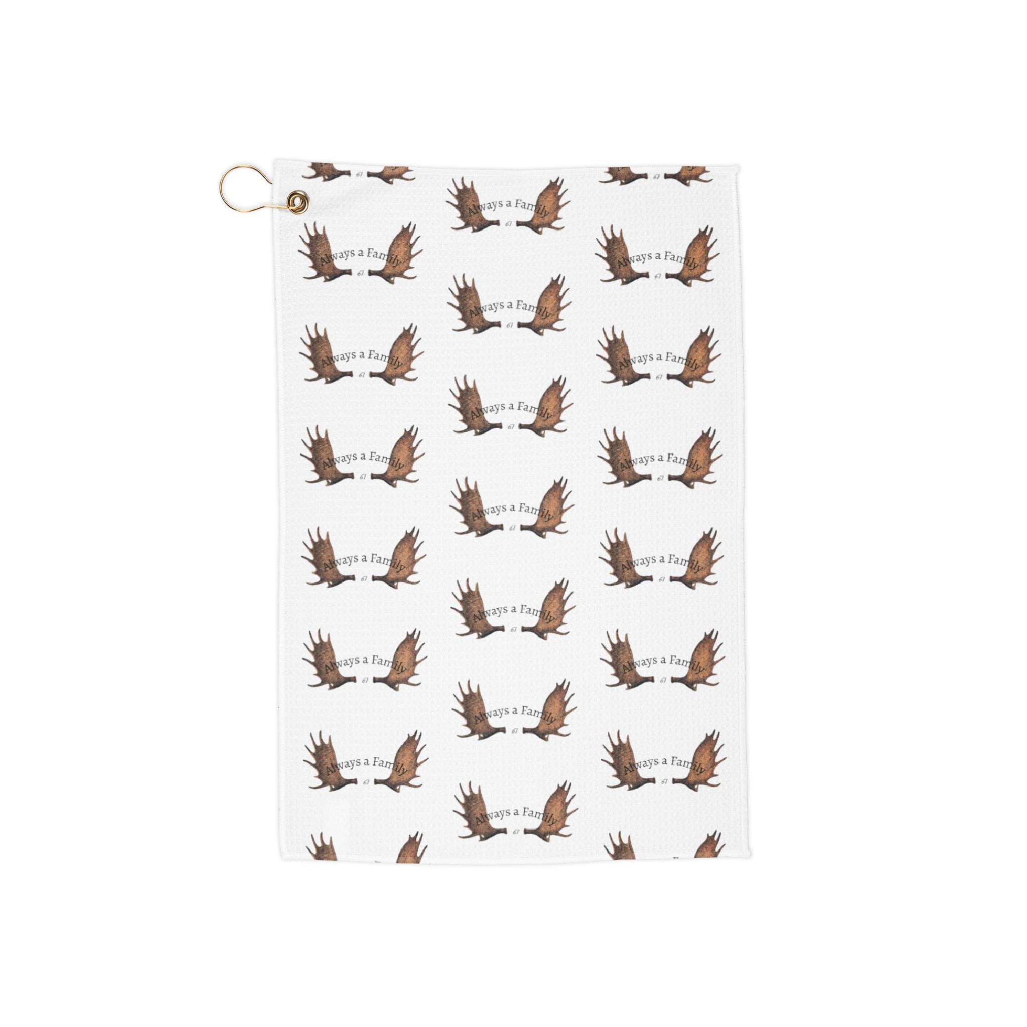 Golf Towel with MOOSE ALWAYS A FAMILY — Lightweight Club Towel with Grommet & Clip