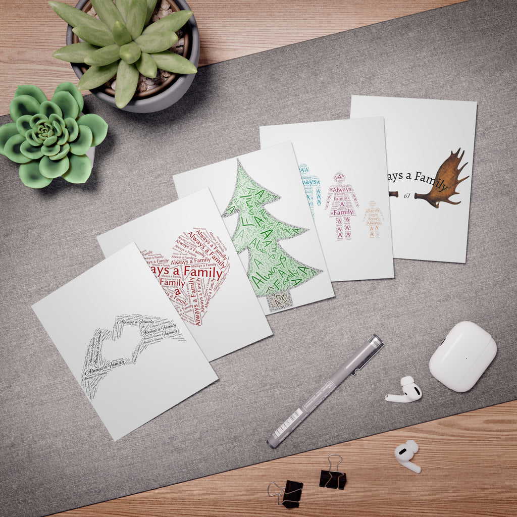 Always a Family — 5-Pack Greeting Card Set (Heart, Tree, Family & Moose Designs)