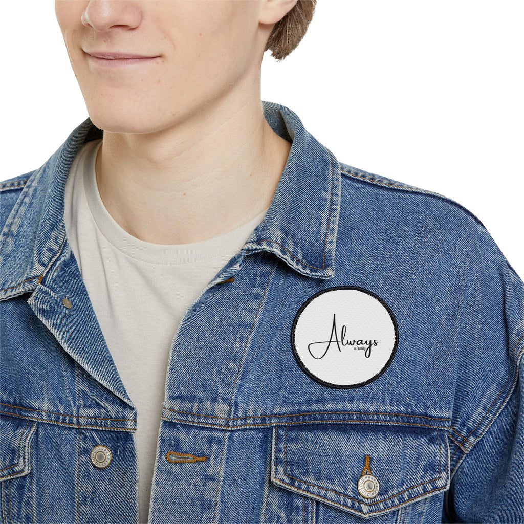 Always Script Iron-On Patch — Round Black-Trim Badge for Jackets, Bags & Hats