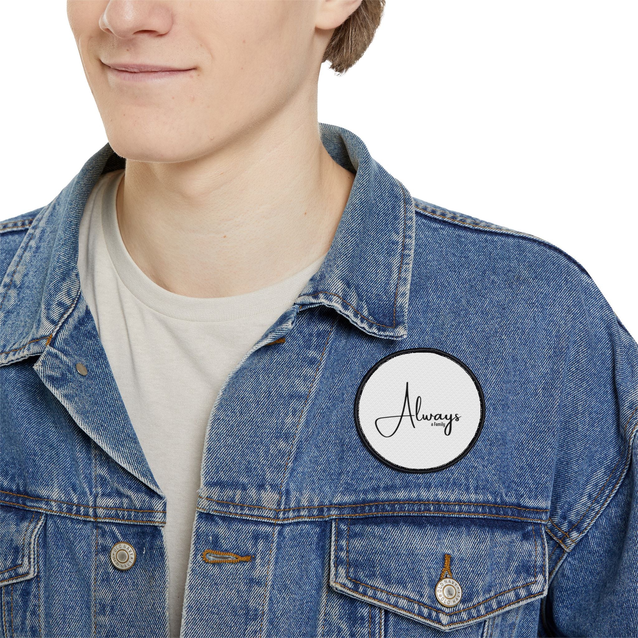 Always Script Iron-On Patch — Round Black-Trim Badge for Jackets, Bags & Hats