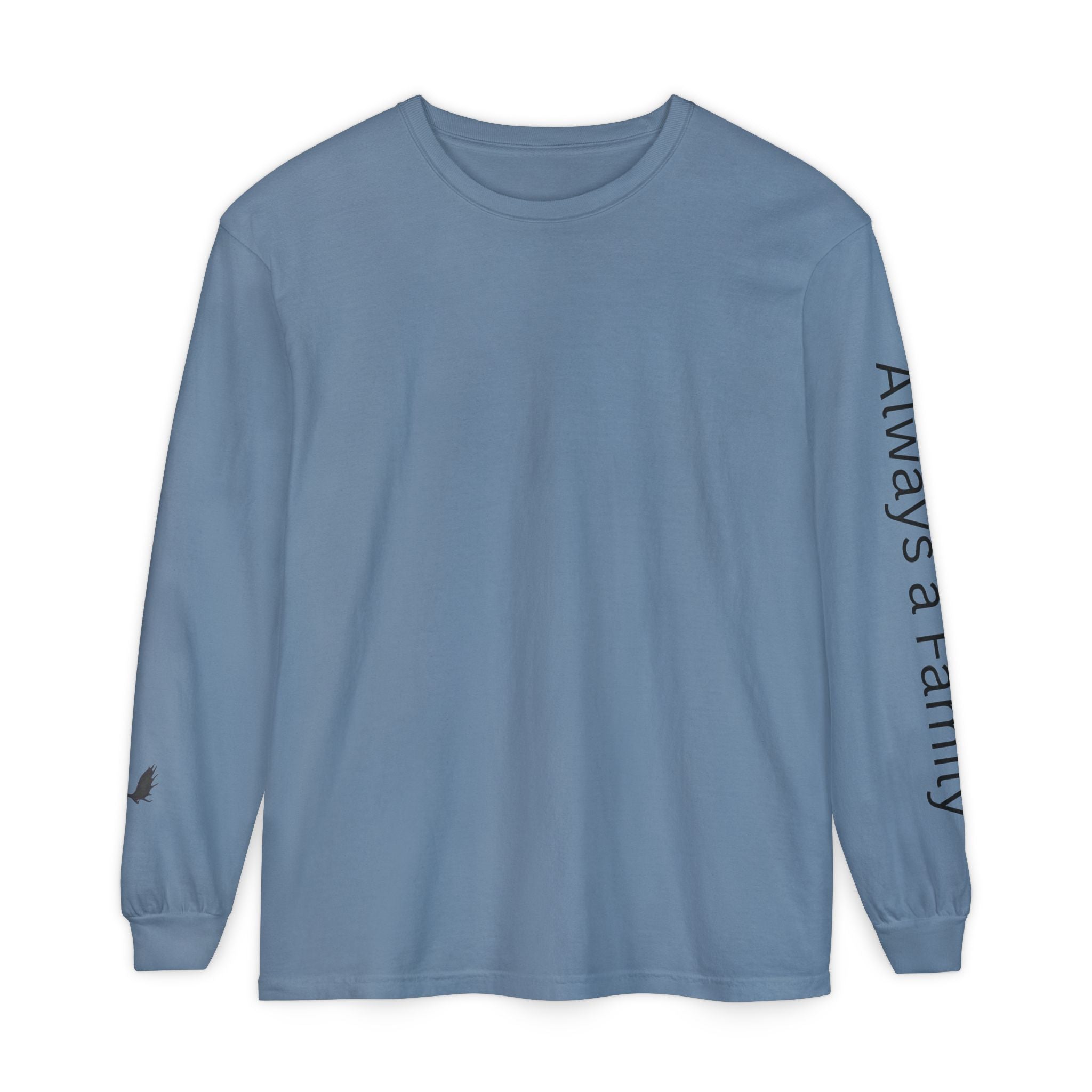 Long Sleeve T‑Shirt — “Always a Family” Sleeve Graphic, Minimal White Crewneck