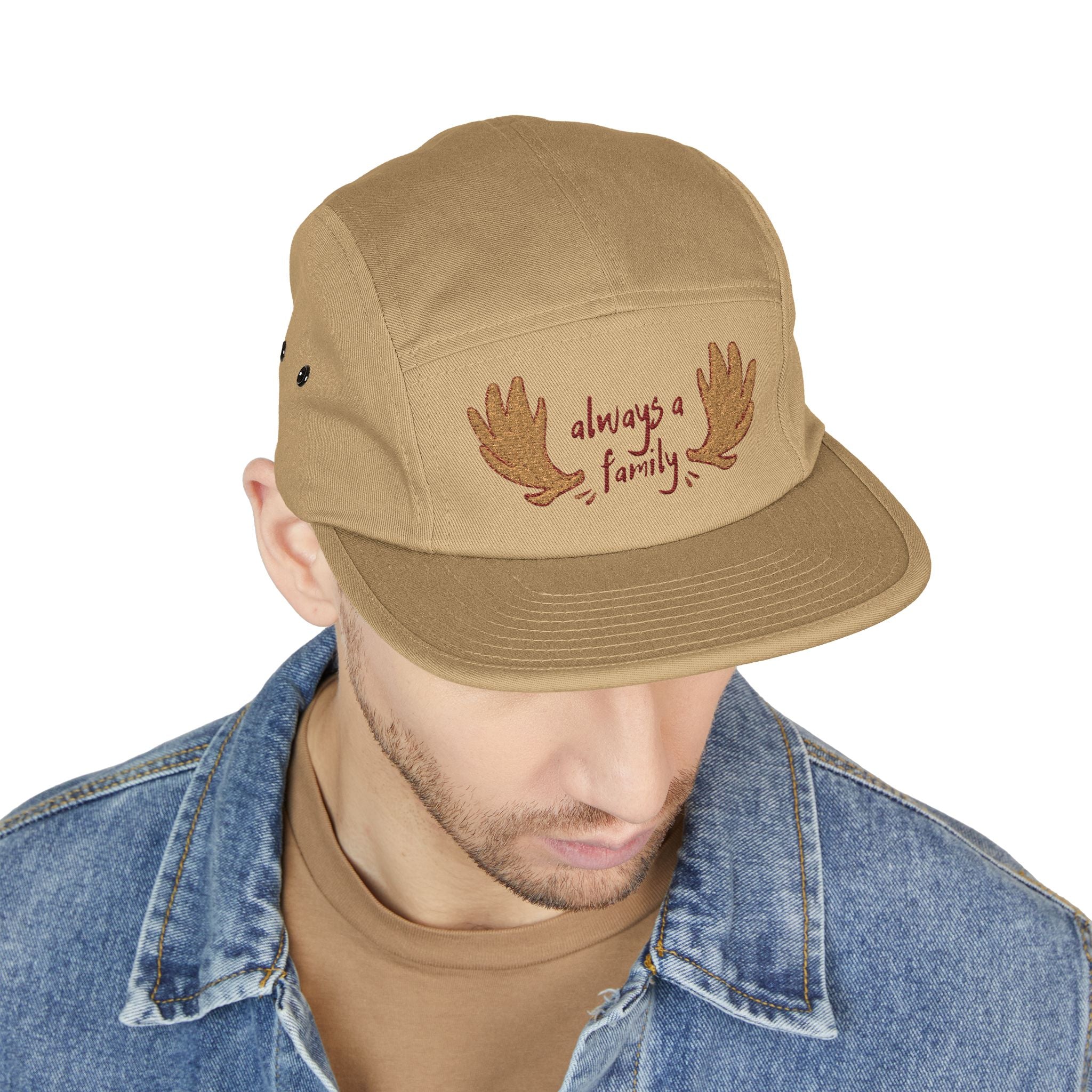 Embroidered 5-Panel Cap — "Always a Family" Antler Design