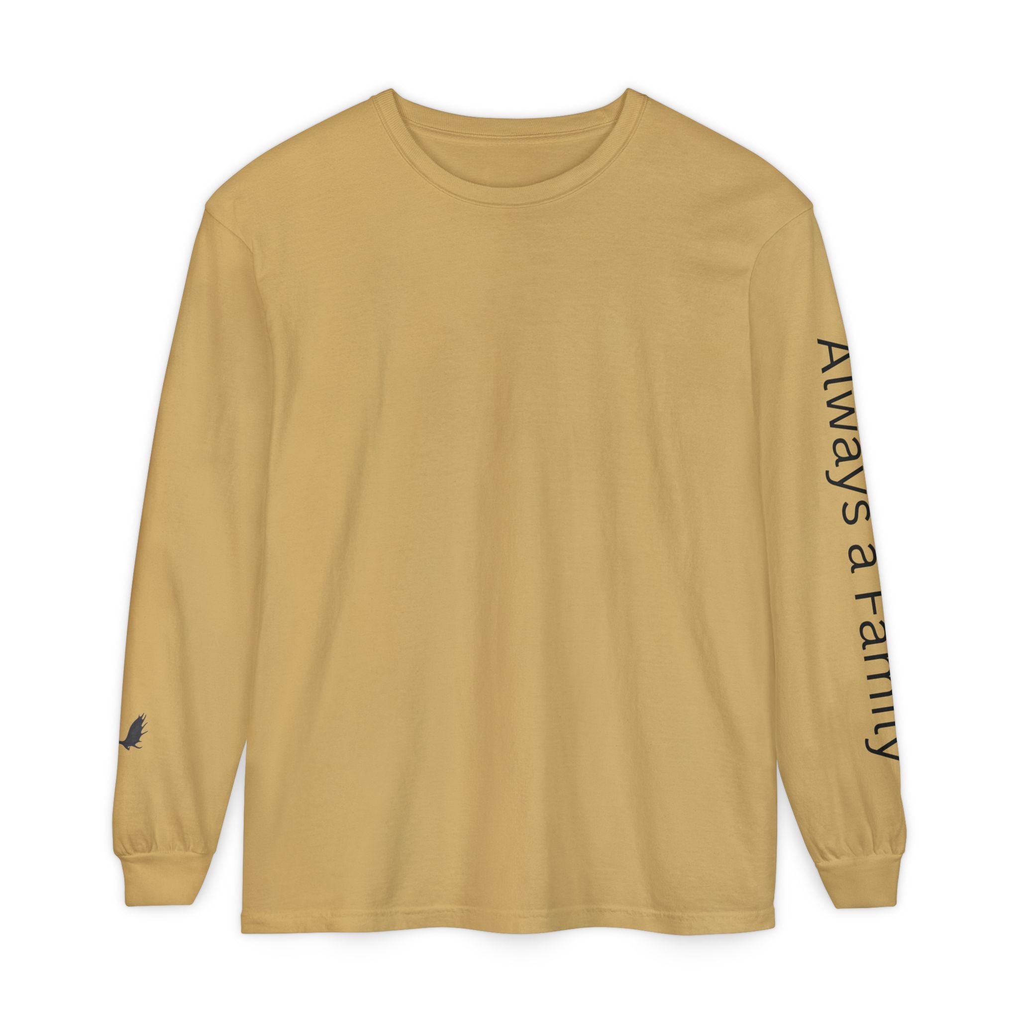 Long Sleeve T‑Shirt — “Always a Family” Sleeve Graphic, Minimal White Crewneck