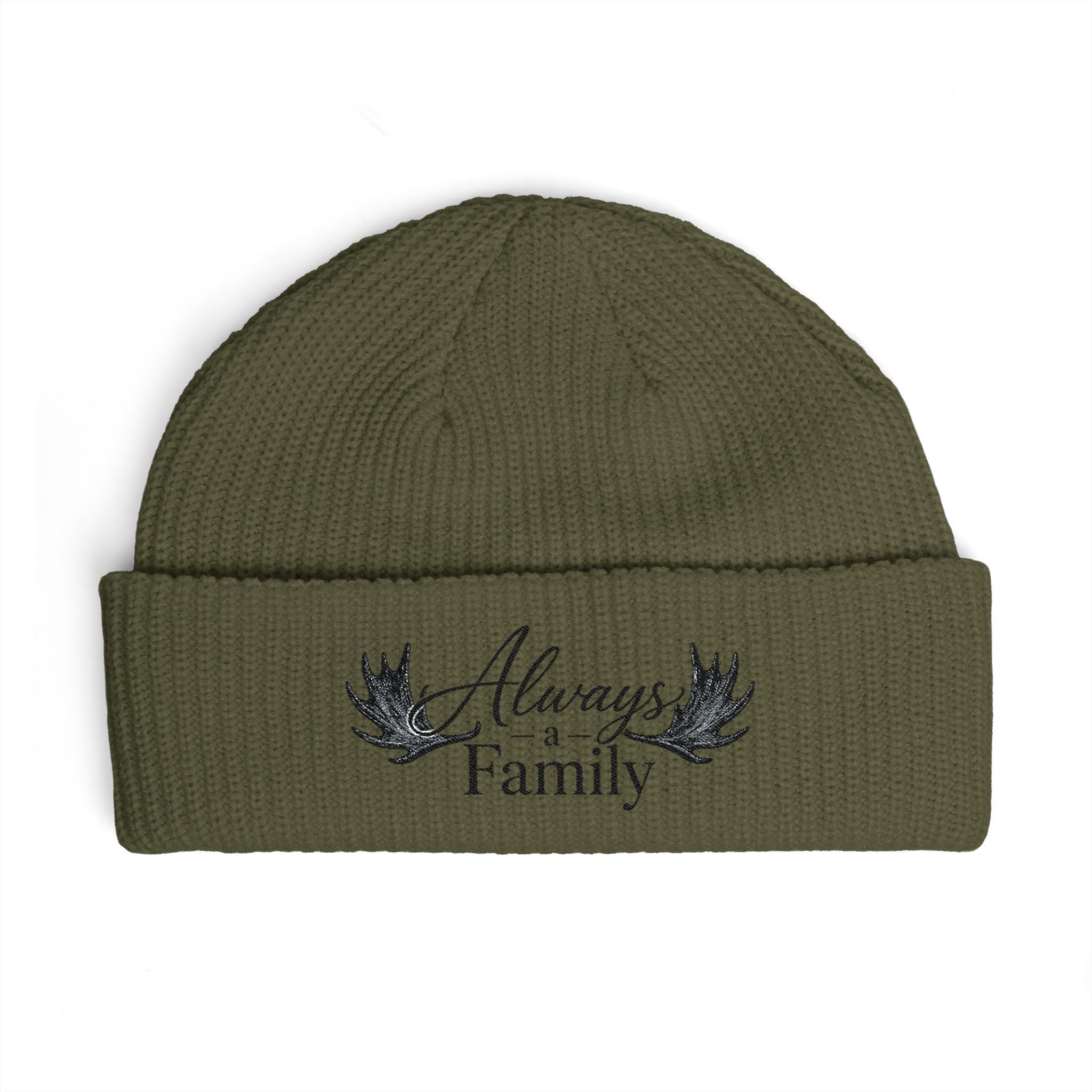 Cuff Beanie — "Always a Family" Embroidered Knit Hat