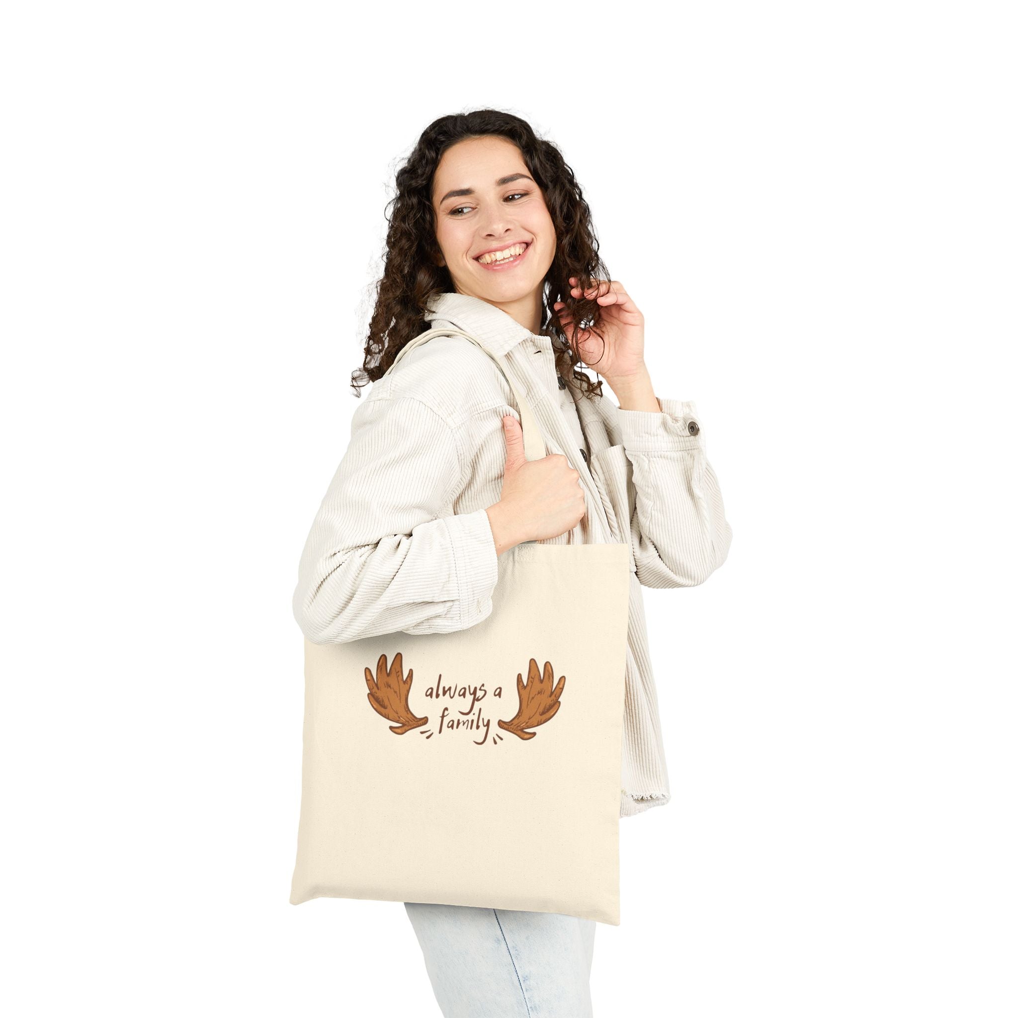 Always a Family Hand-Drawn Moose Antlers Canvas Tote