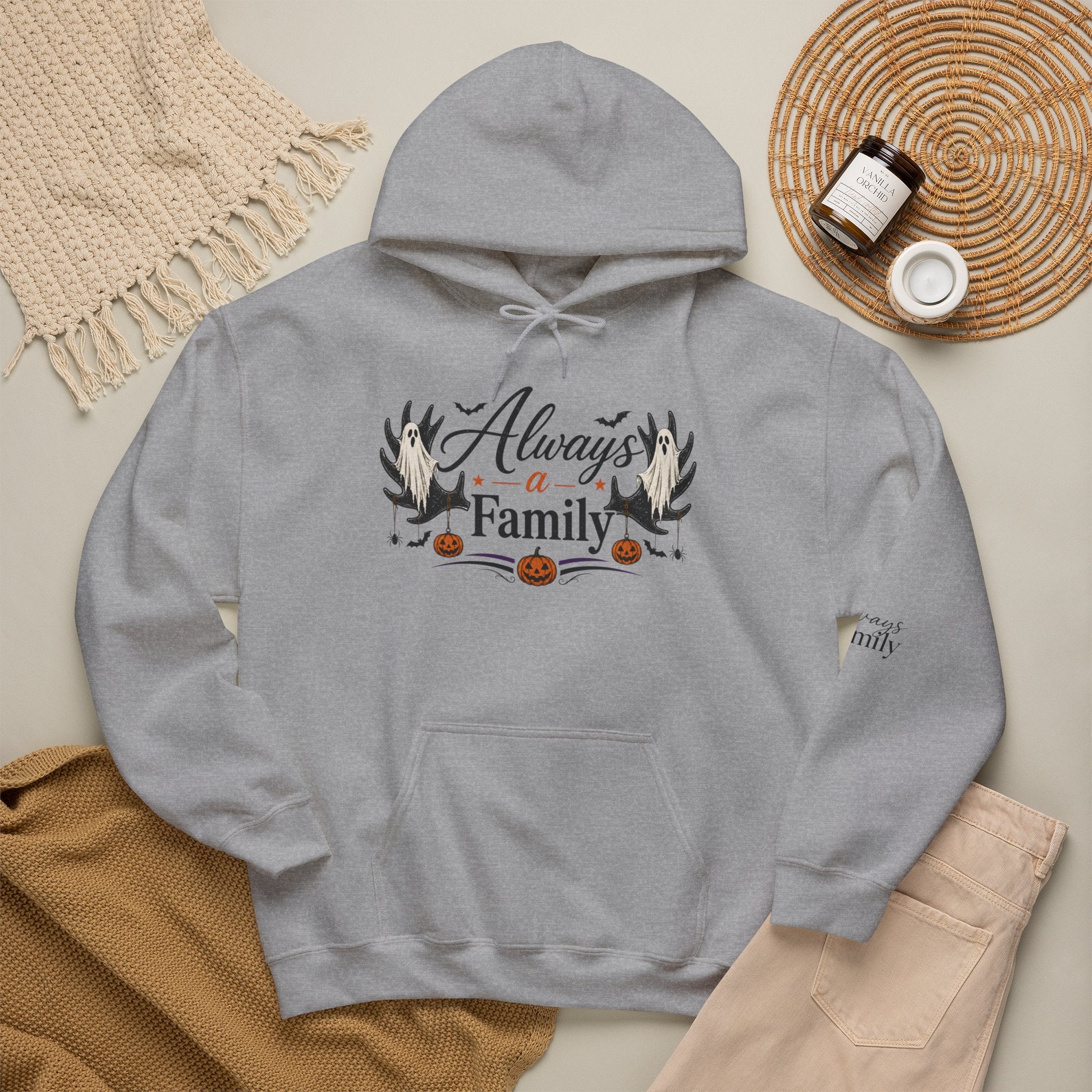 Always a Family Hoodie — Cozy Fall Halloween Antler Graphic Pullover
