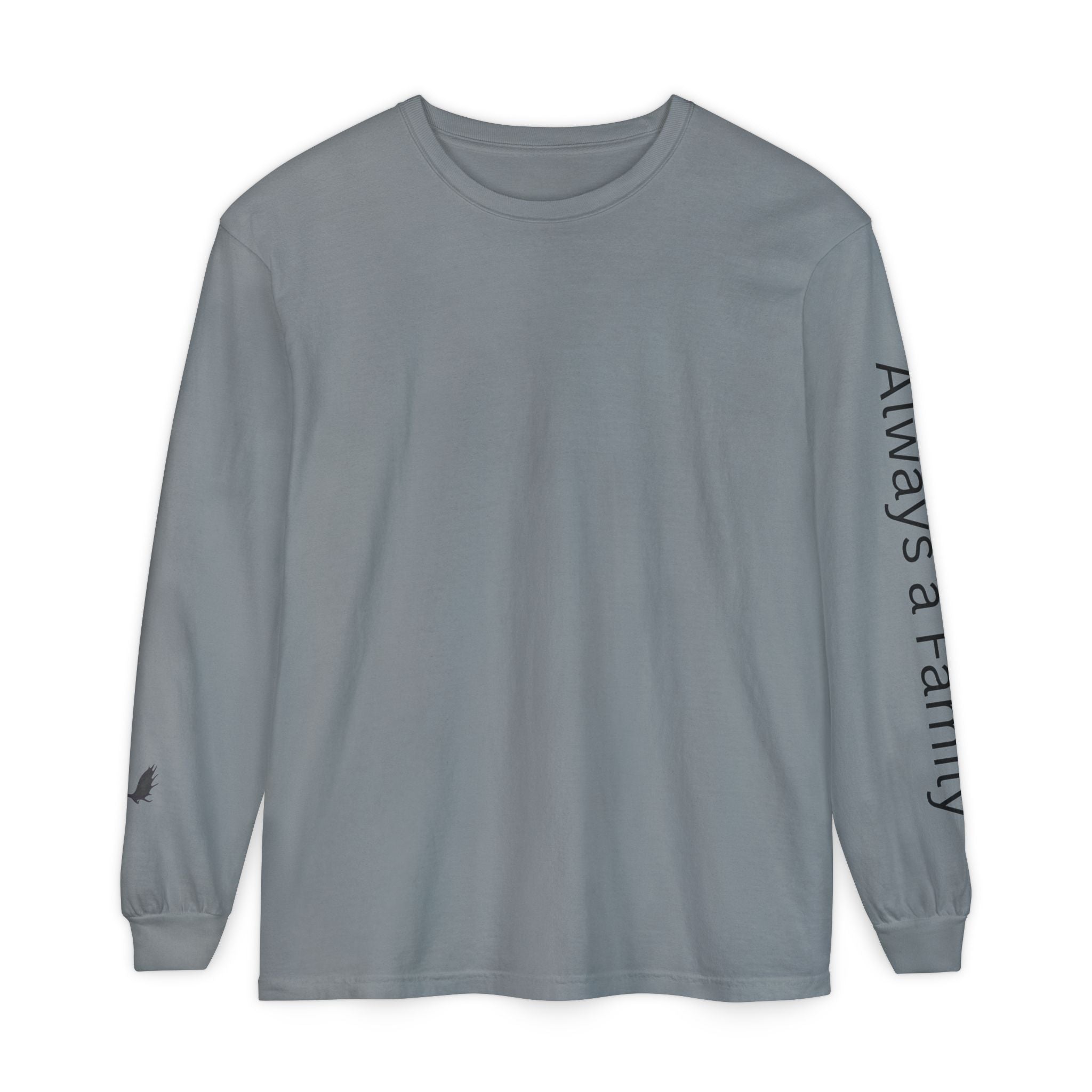 Long Sleeve T‑Shirt — “Always a Family” Sleeve Graphic, Minimal White Crewneck