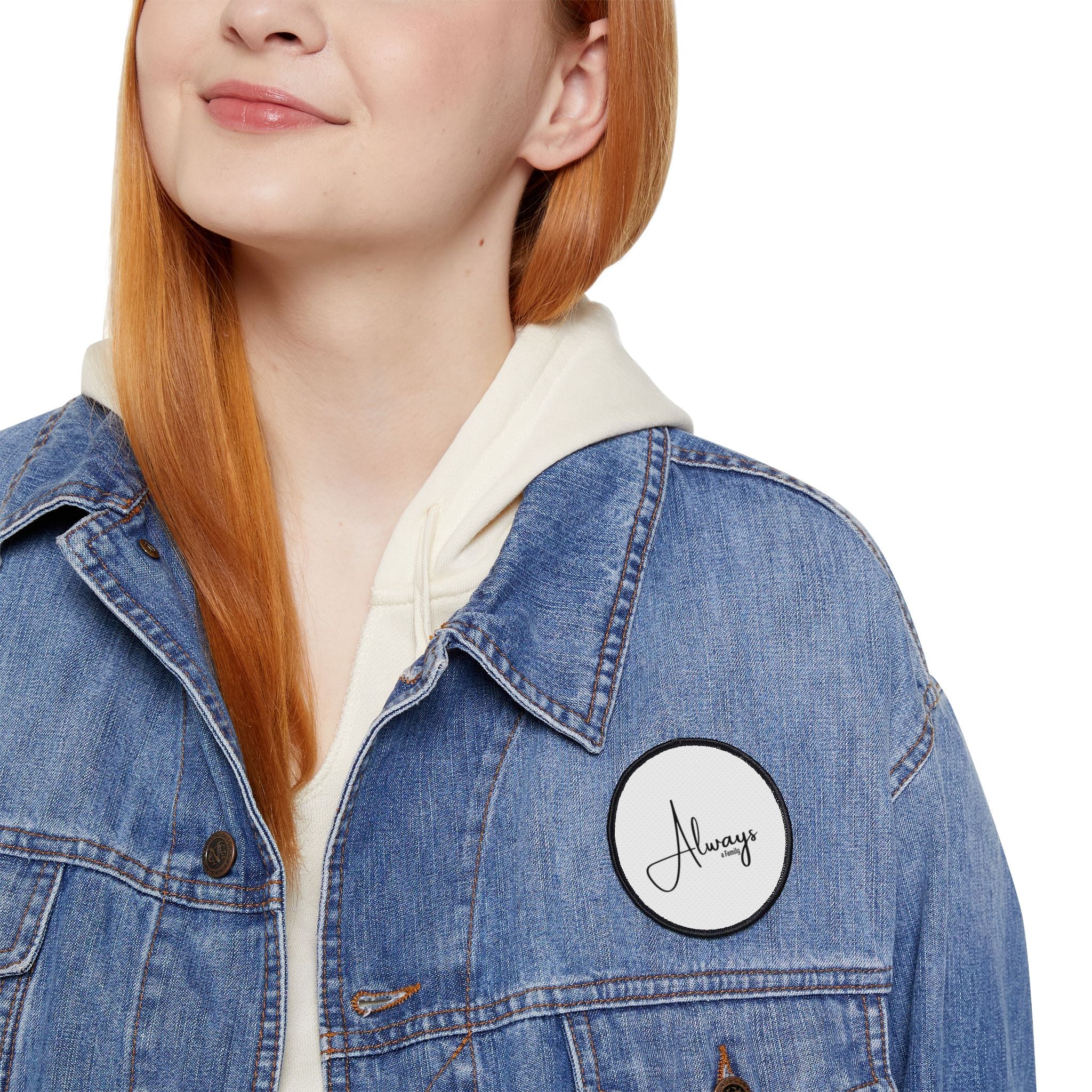 Always Script Iron-On Patch — Round Black-Trim Badge for Jackets, Bags & Hats