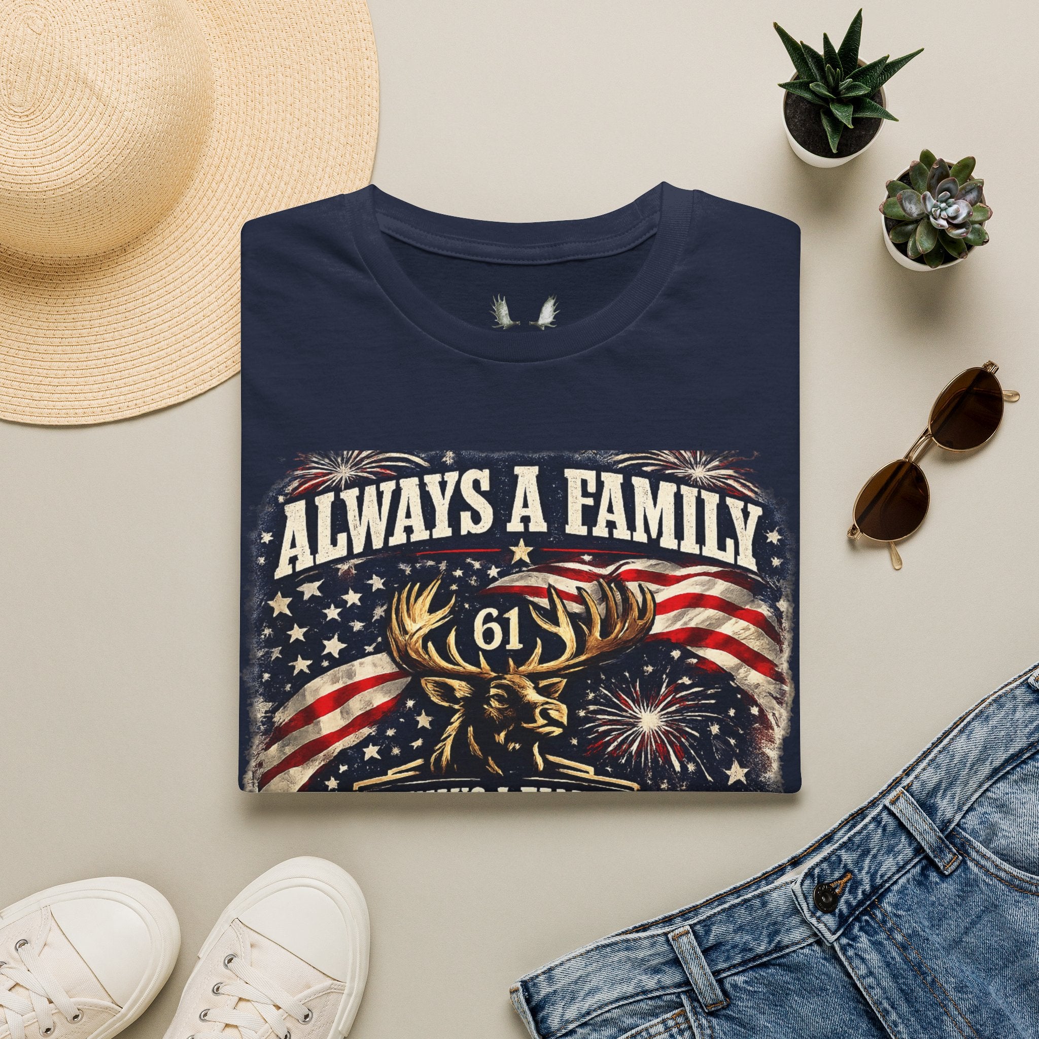 T-Shirt — "Always A Family" American Flag Moose Graphic (61)