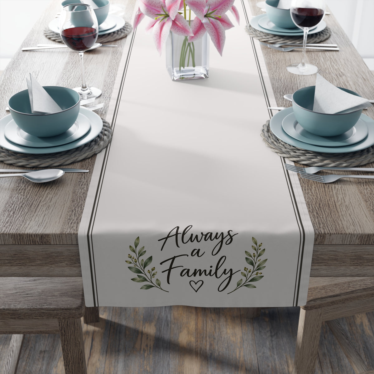 Table Runner - "Always a Family" Farmhouse Cotton-Blend Holiday & Everyday Decor