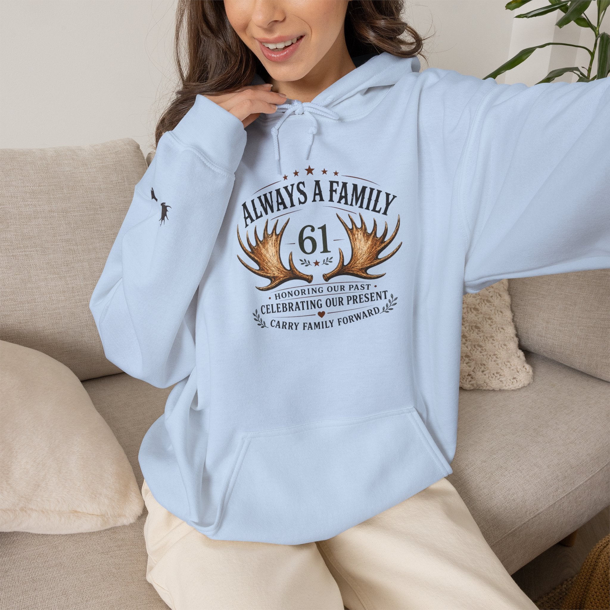Hoodie — "Always a Family" Heart & Antlers Pullover