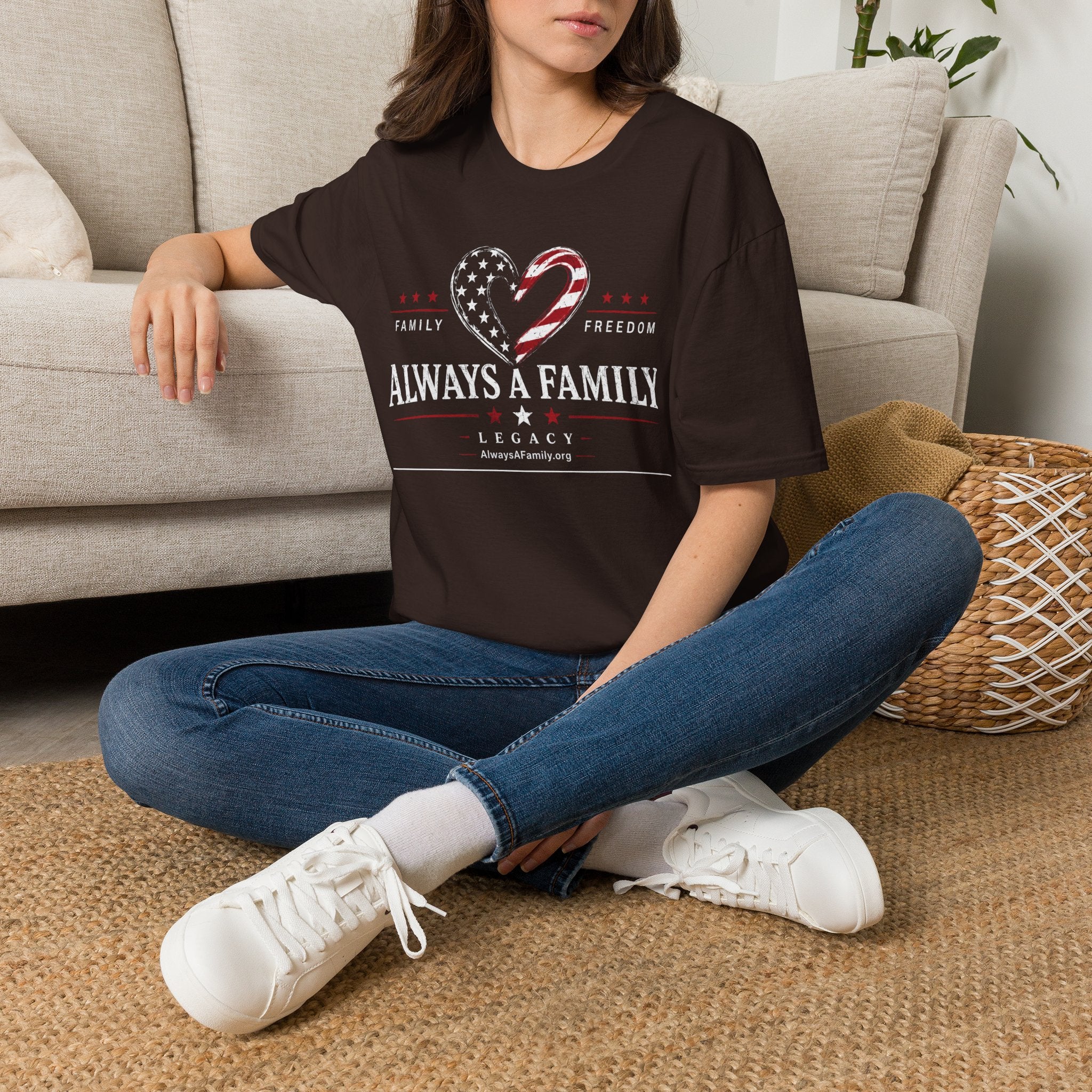 Always a Family T-Shirt — American Flag Heart "Family • Freedom" Patriotic Tee
