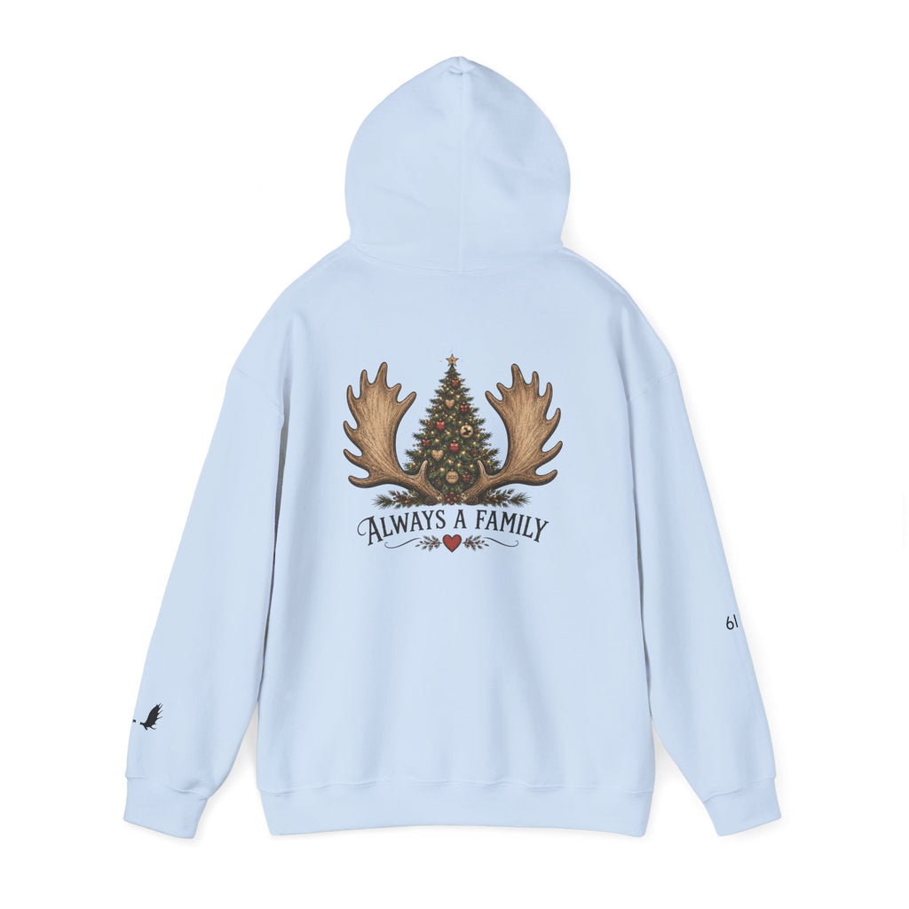 Hoodie — "Always a Family" Christmas Moose Antler Tree Holiday Hoodie