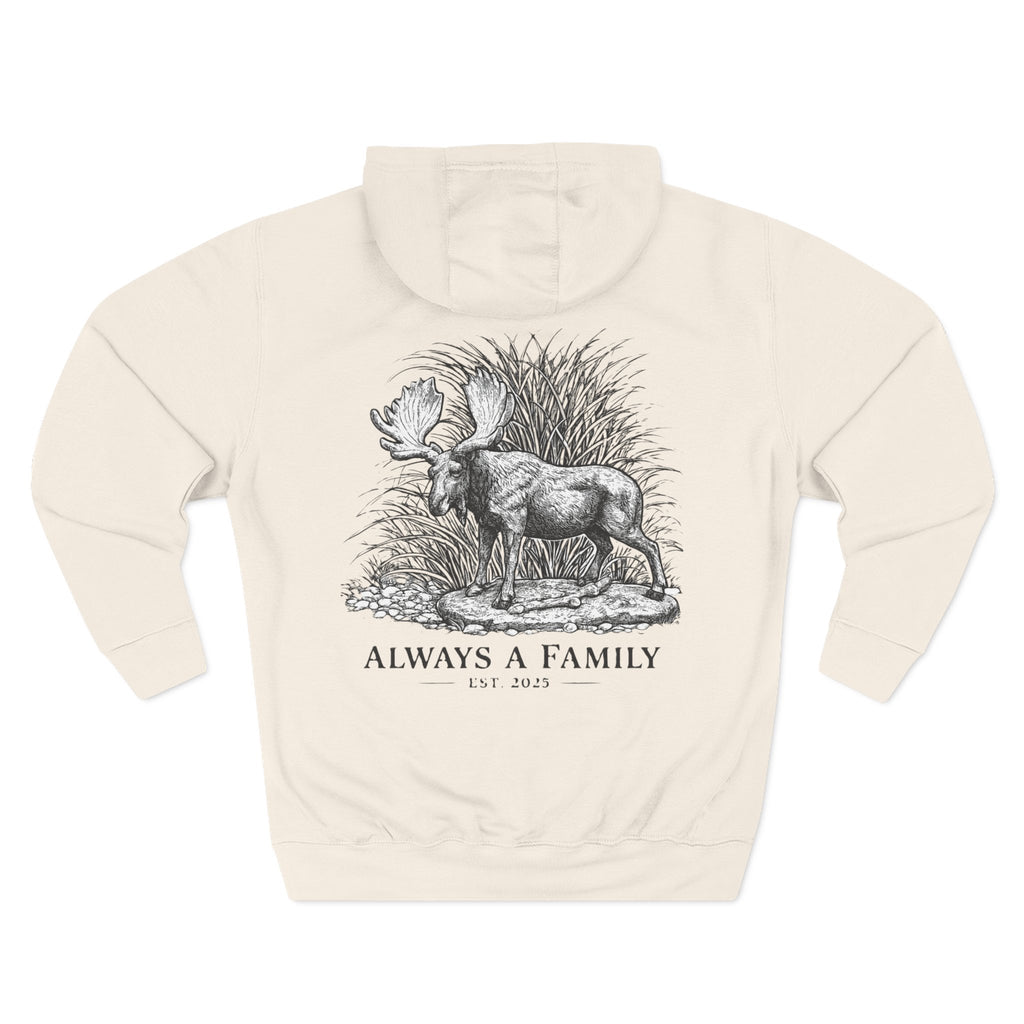 Moose Illustration Hoodie — "Always A Family" Graphic Fleece Hoodie