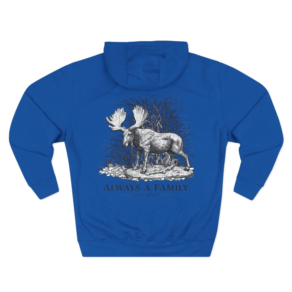 Moose Illustration Hoodie — "Always A Family" Graphic Fleece Hoodie