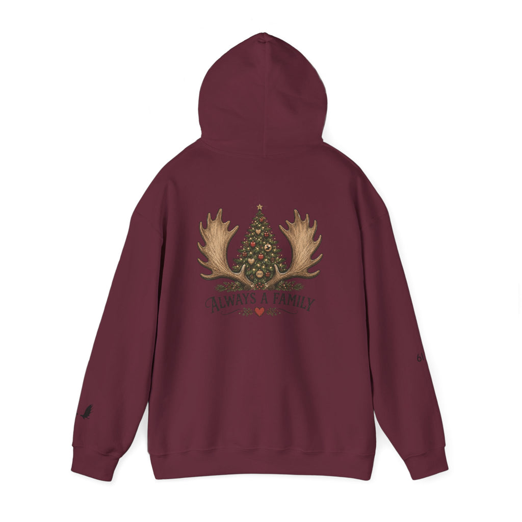 Hoodie — "Always a Family" Christmas Moose Antler Tree Holiday Hoodie