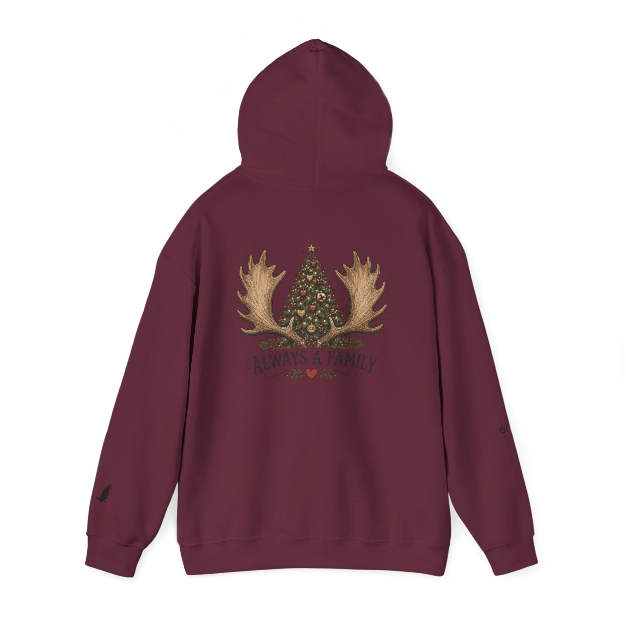 Hoodie — "Always a Family" Christmas Moose Antler Tree Holiday Hoodie