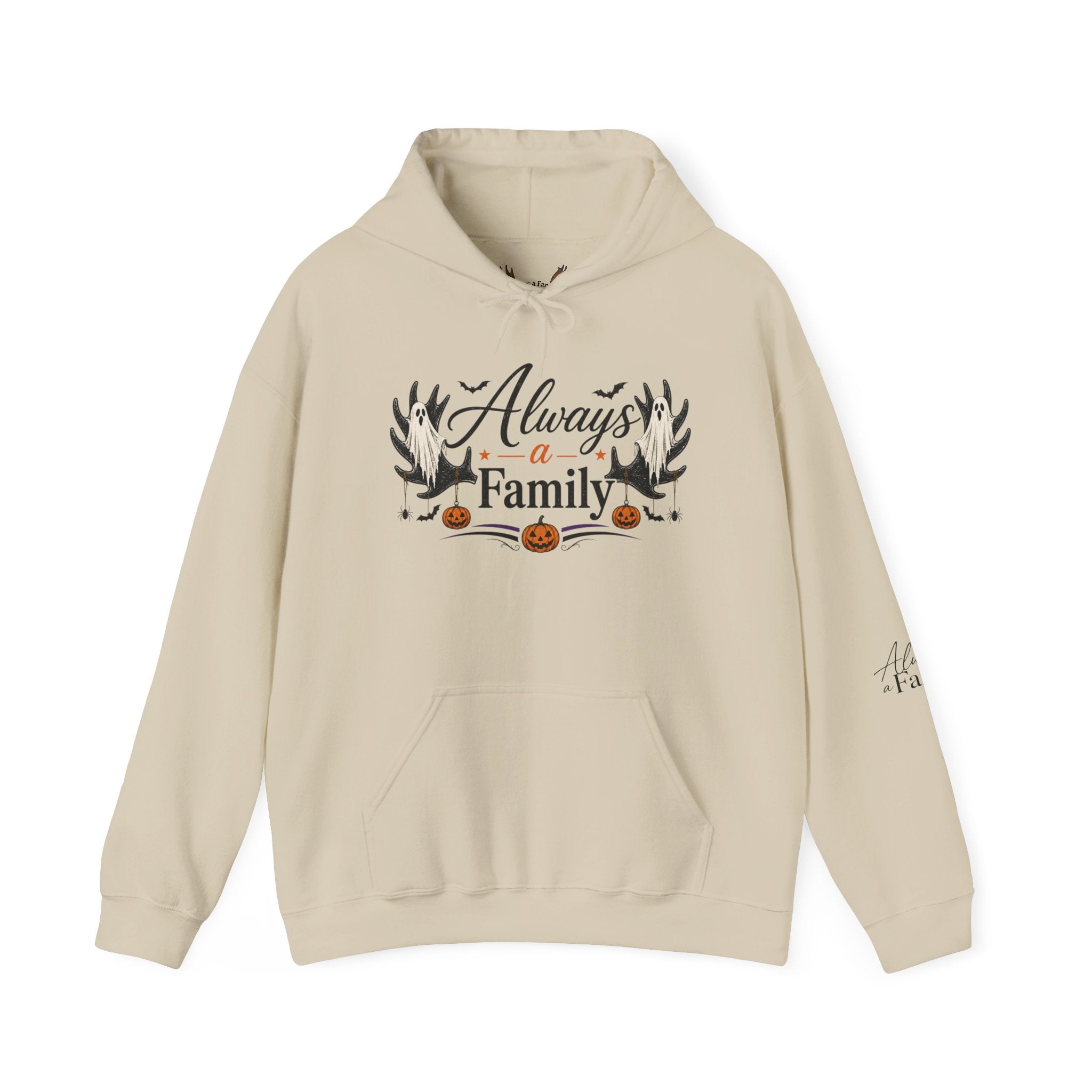 Always a Family Hoodie — Cozy Fall Halloween Antler Graphic Pullover