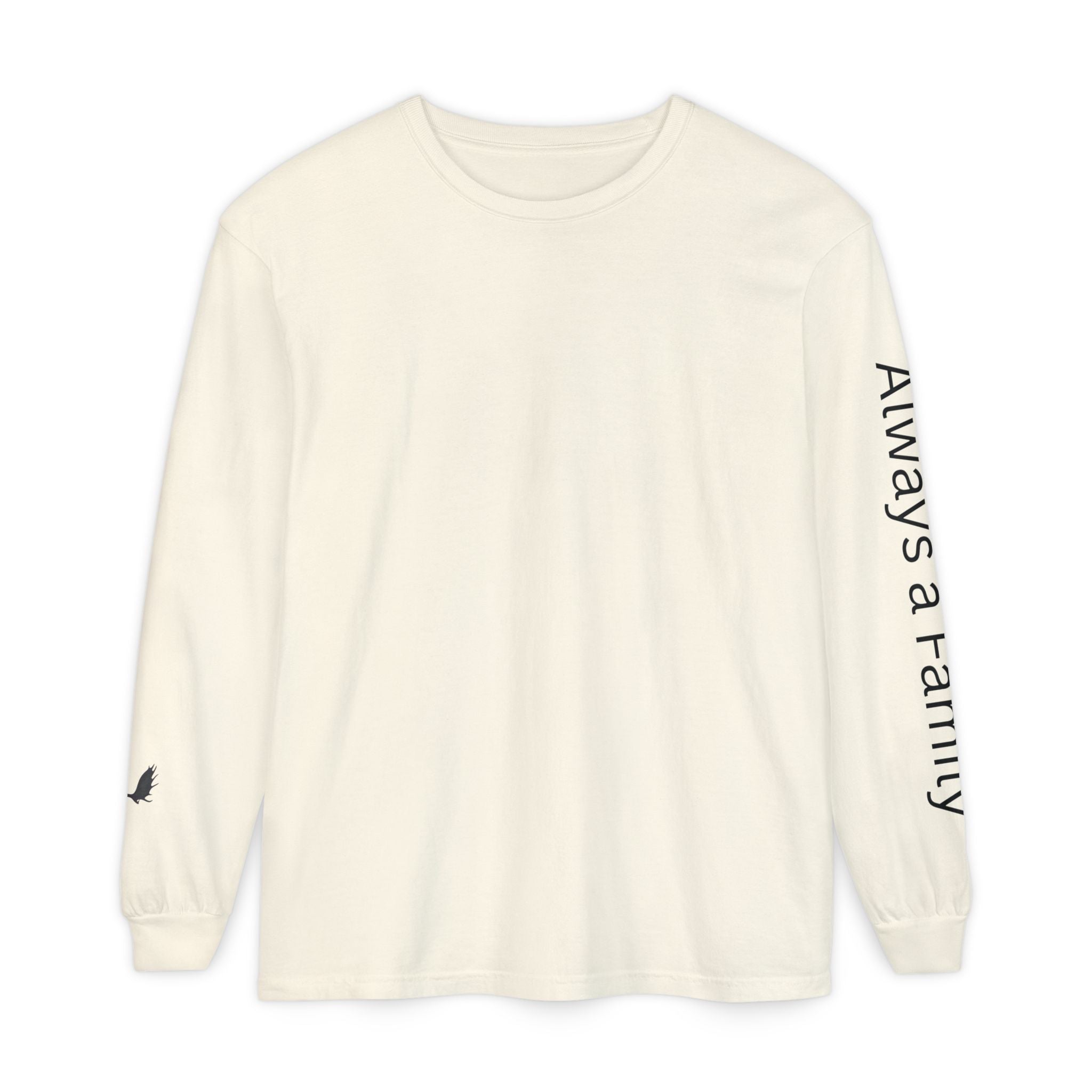 Long Sleeve T‑Shirt — “Always a Family” Sleeve Graphic, Minimal White Crewneck