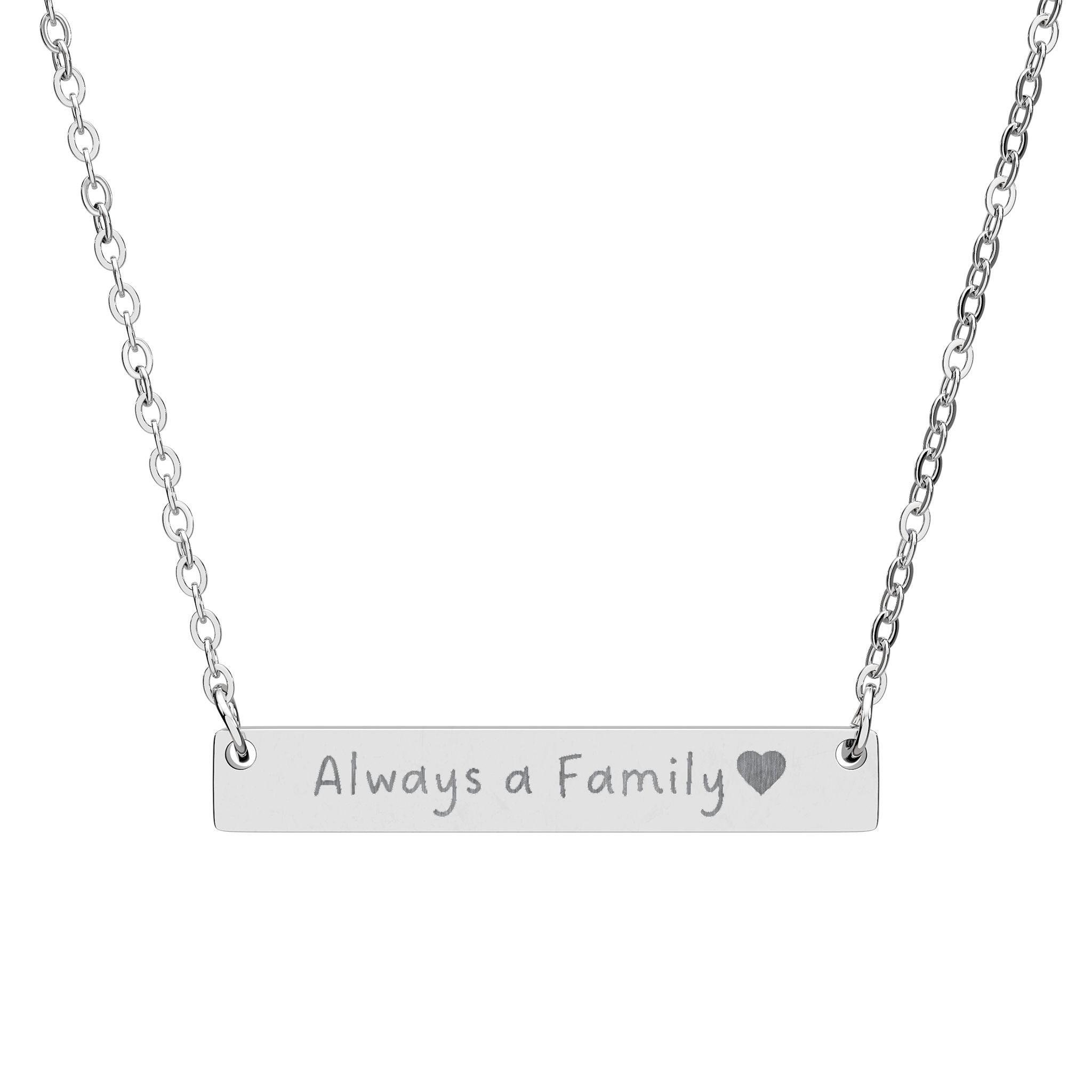 Engravable Horizontal Bar Necklace – Always a Family & Heart Pendant