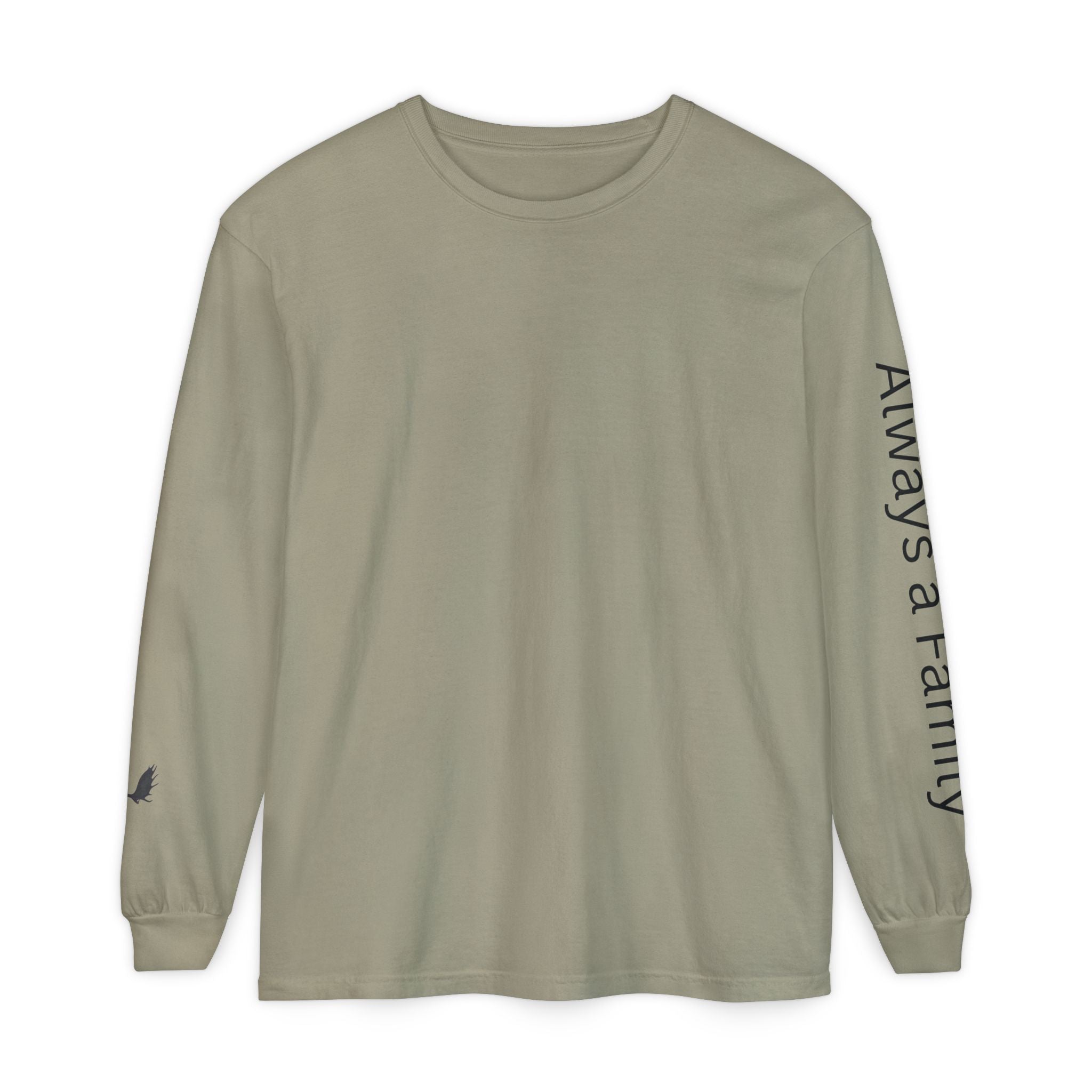 Long Sleeve T‑Shirt — “Always a Family” Sleeve Graphic, Minimal White Crewneck