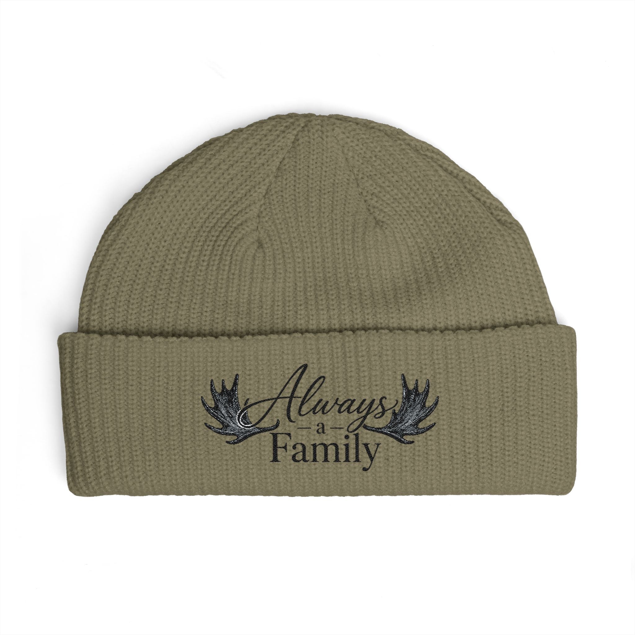 Cuff Beanie — "Always a Family" Embroidered Knit Hat