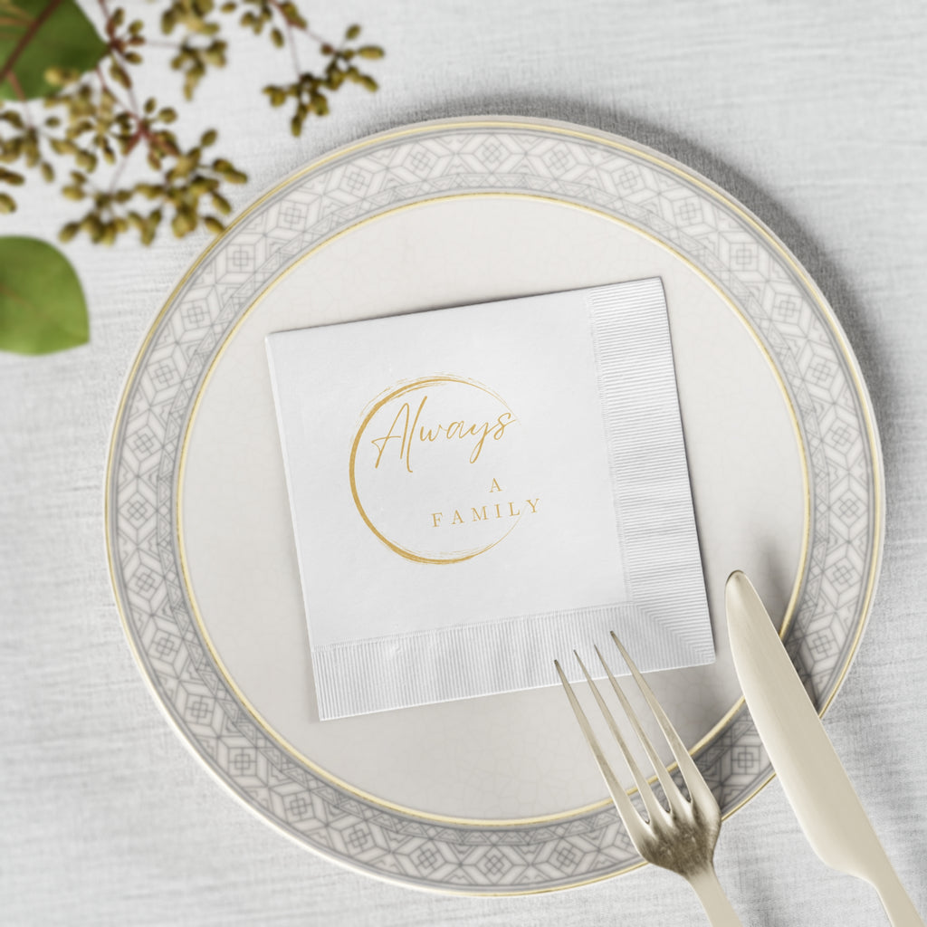 Always a Family Cocktail Napkins — Gold Script Party Napkins