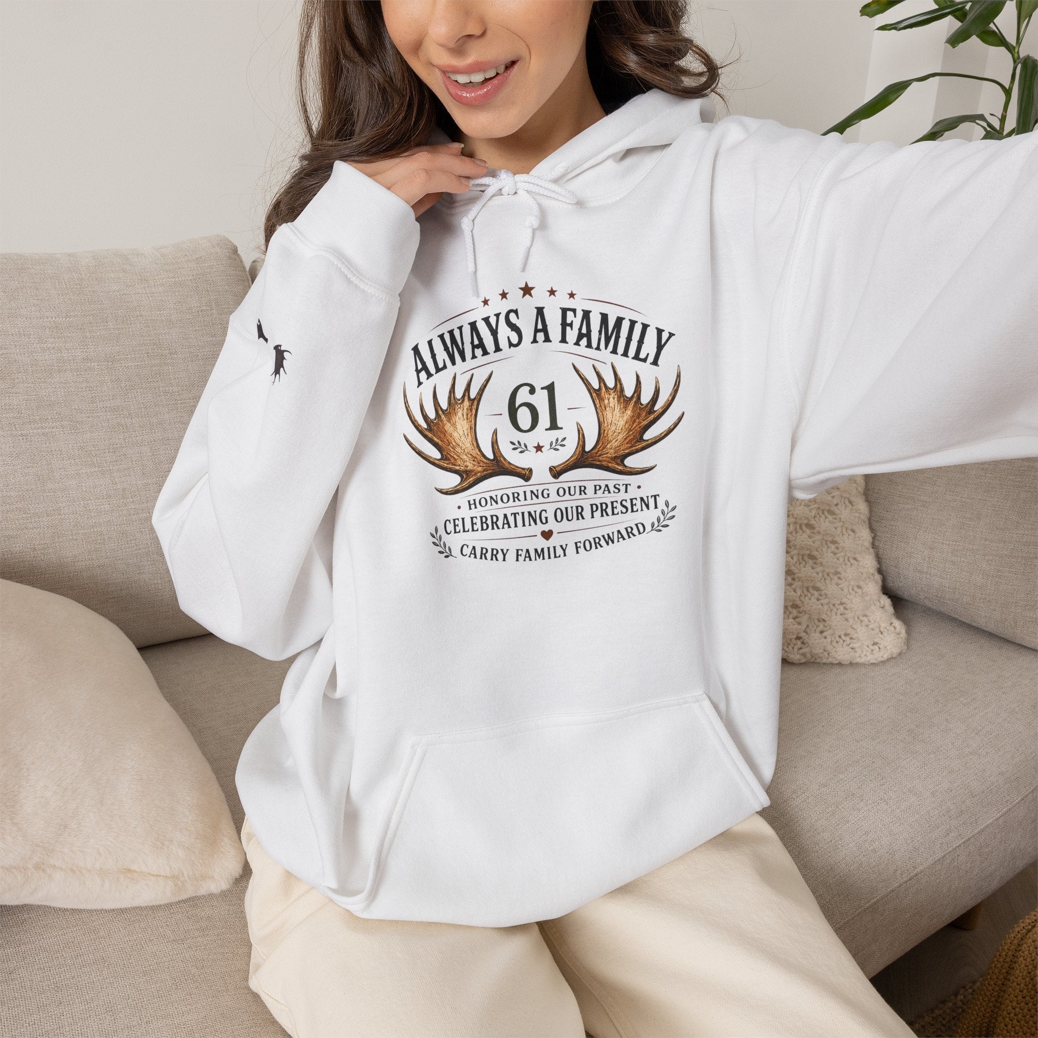 Hoodie — "Always a Family" Heart & Antlers Pullover