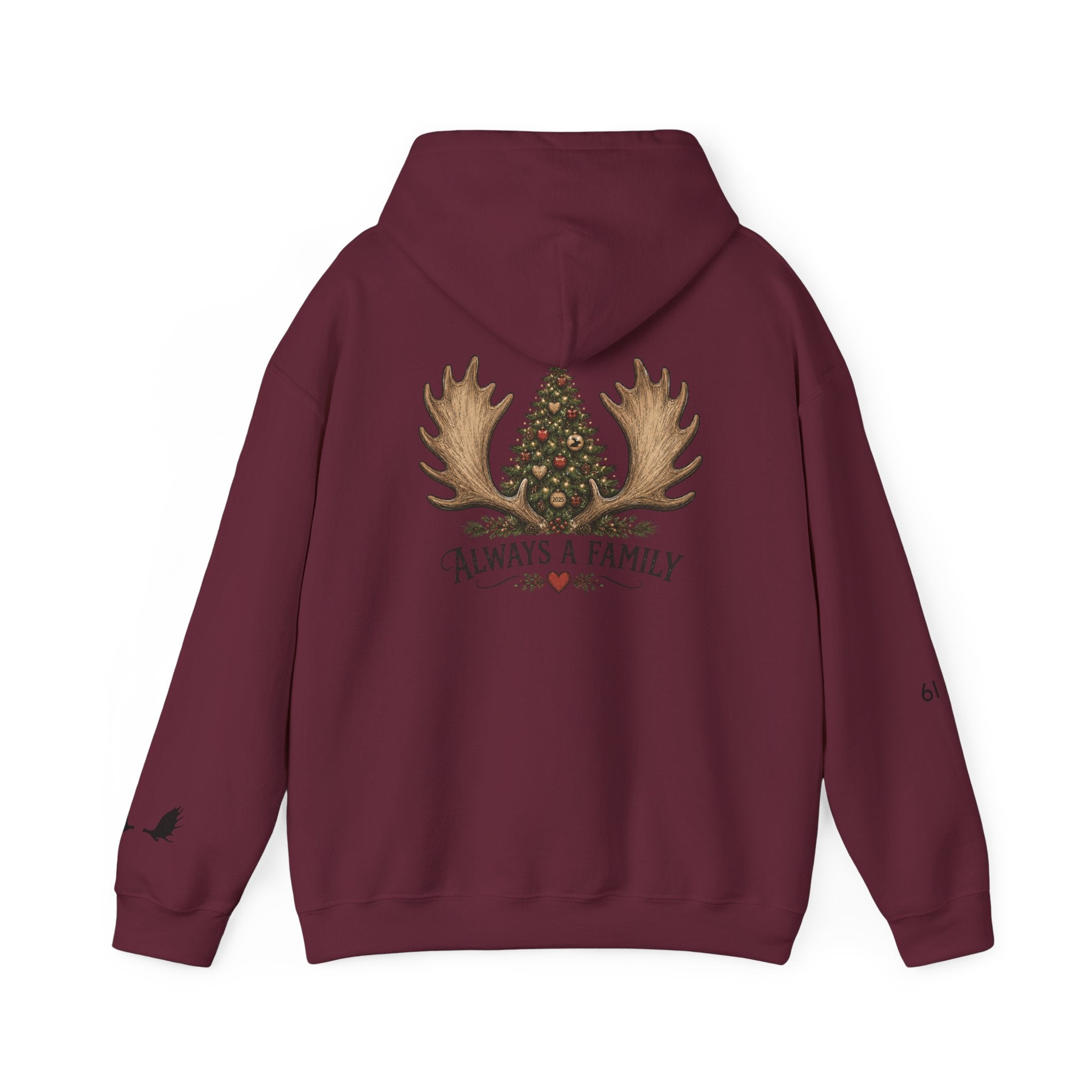 Hoodie — "Always a Family" Christmas Moose Antler Tree Holiday Hoodie