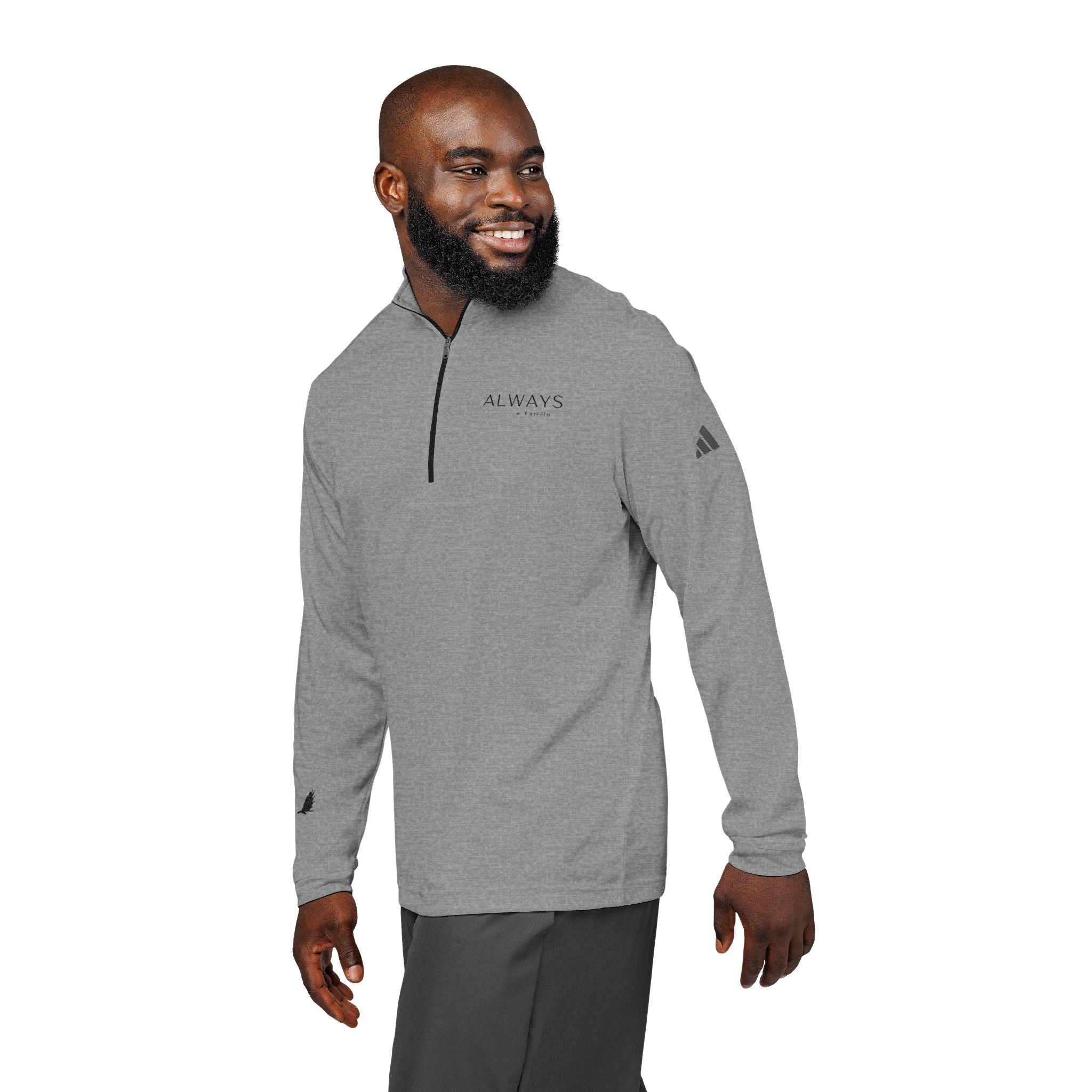 Embroidered Quarter-Zip Pullover — "ALWAYS a family Minimal Logo