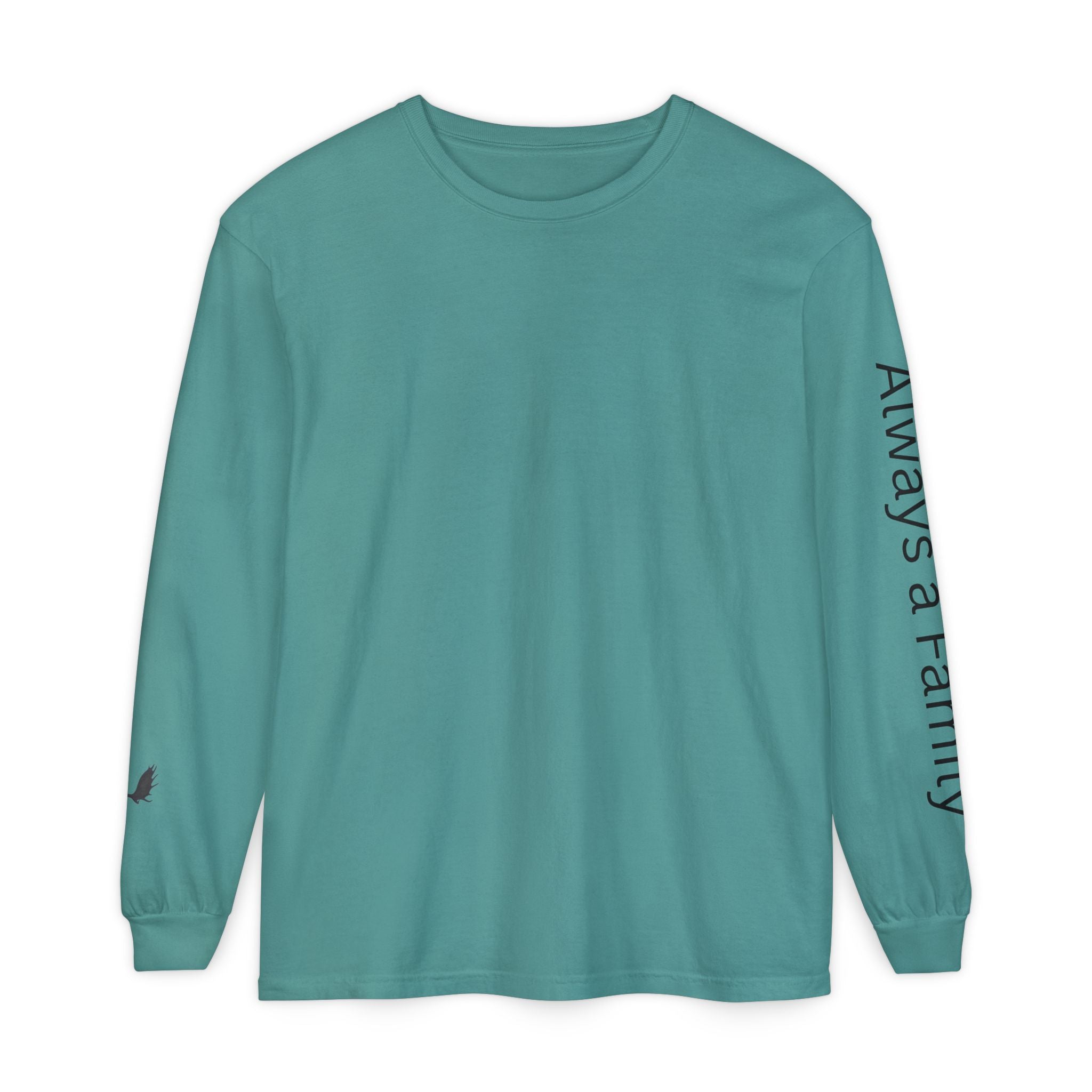 Long Sleeve T‑Shirt — “Always a Family” Sleeve Graphic, Minimal White Crewneck