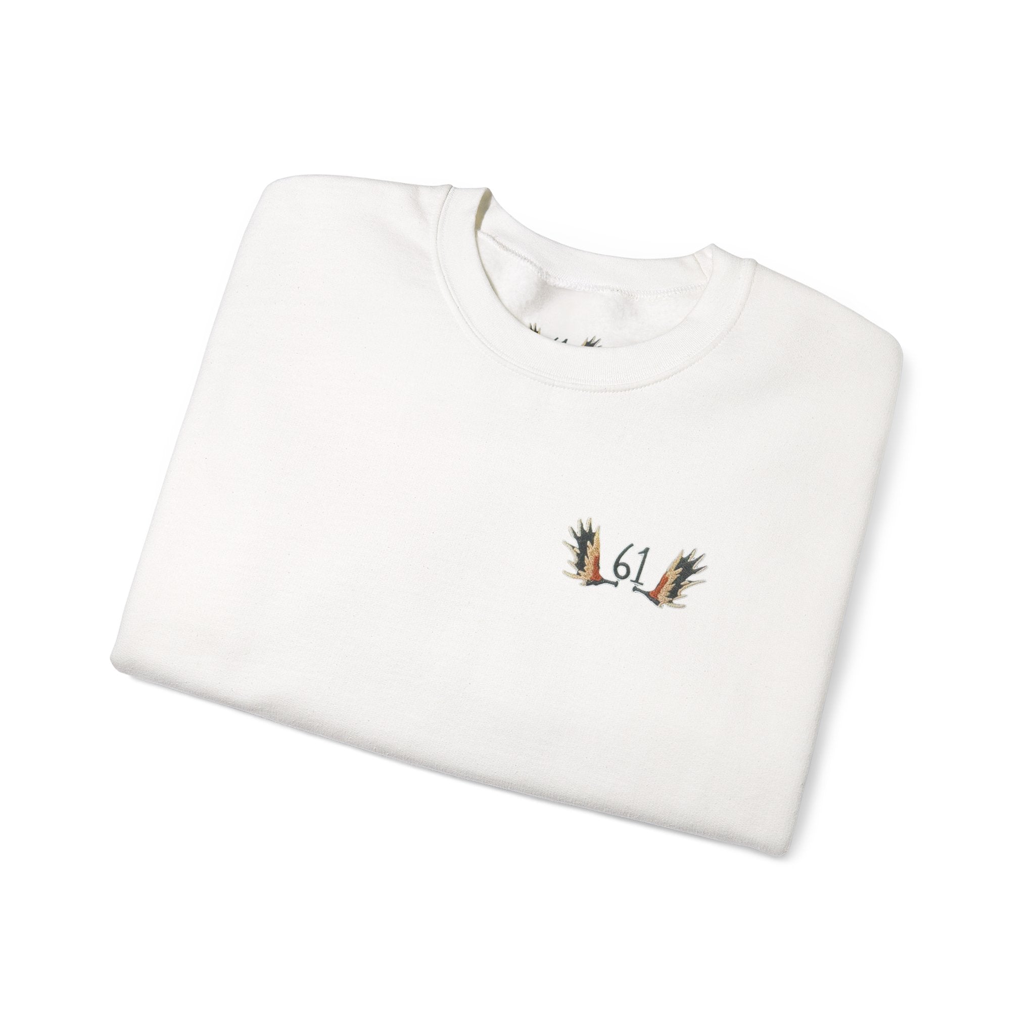 “61” Minimal Crewneck Sweatshirt — Small Chest Emblem with ‘Always a Family’ Sleeve