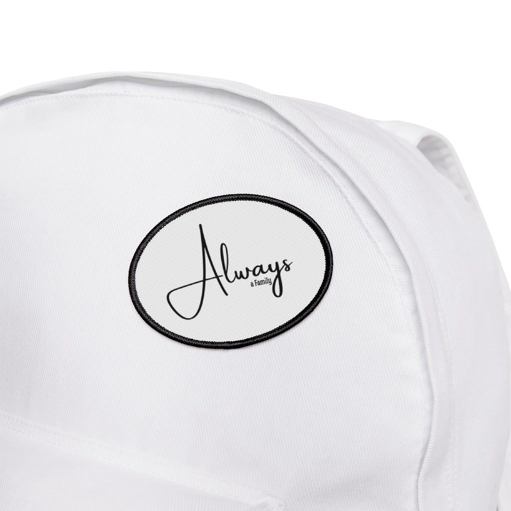 Always Script Iron-On Patch — Round Black-Trim Badge for Jackets, Bags & Hats